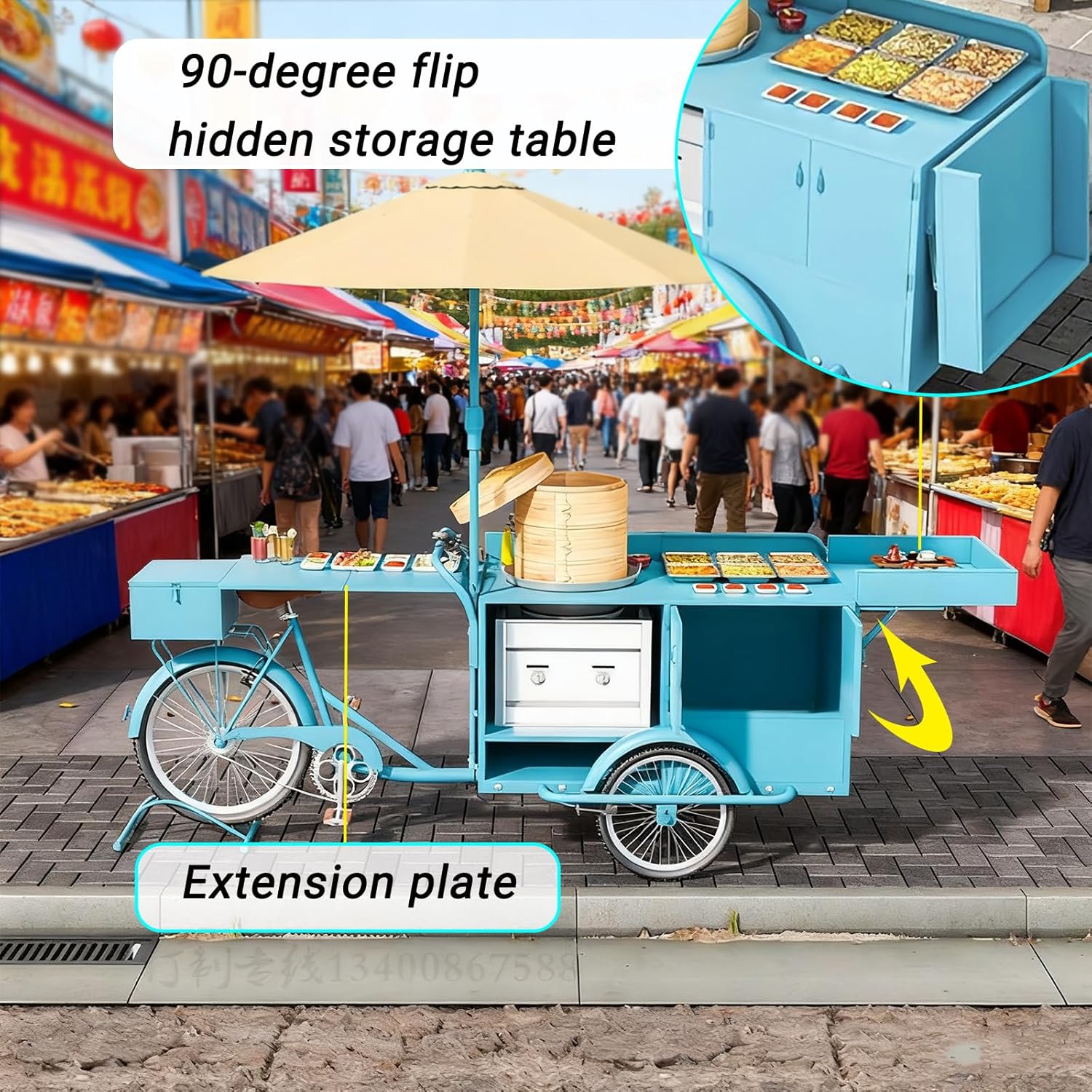 Mobile Food Vending Tricycle, Fast Food and Beverage Three-Wheeled Stall Vending Cart with Pedals Storage Space Parasol, Commercial Snack Street Stall Bike for Outdoor,E