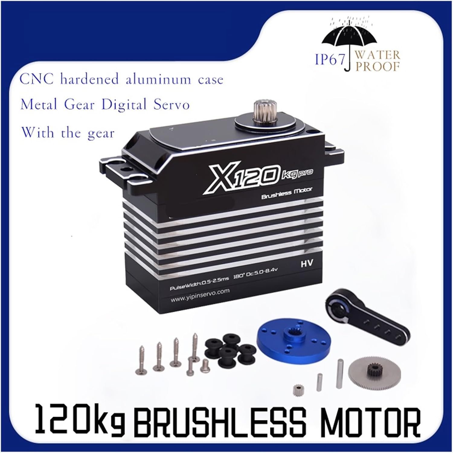 120KG High Torque High Pressure CNC Aluminum Shell Metal Gear Brushless Waterproof 1/6 Scale Large Model Servo