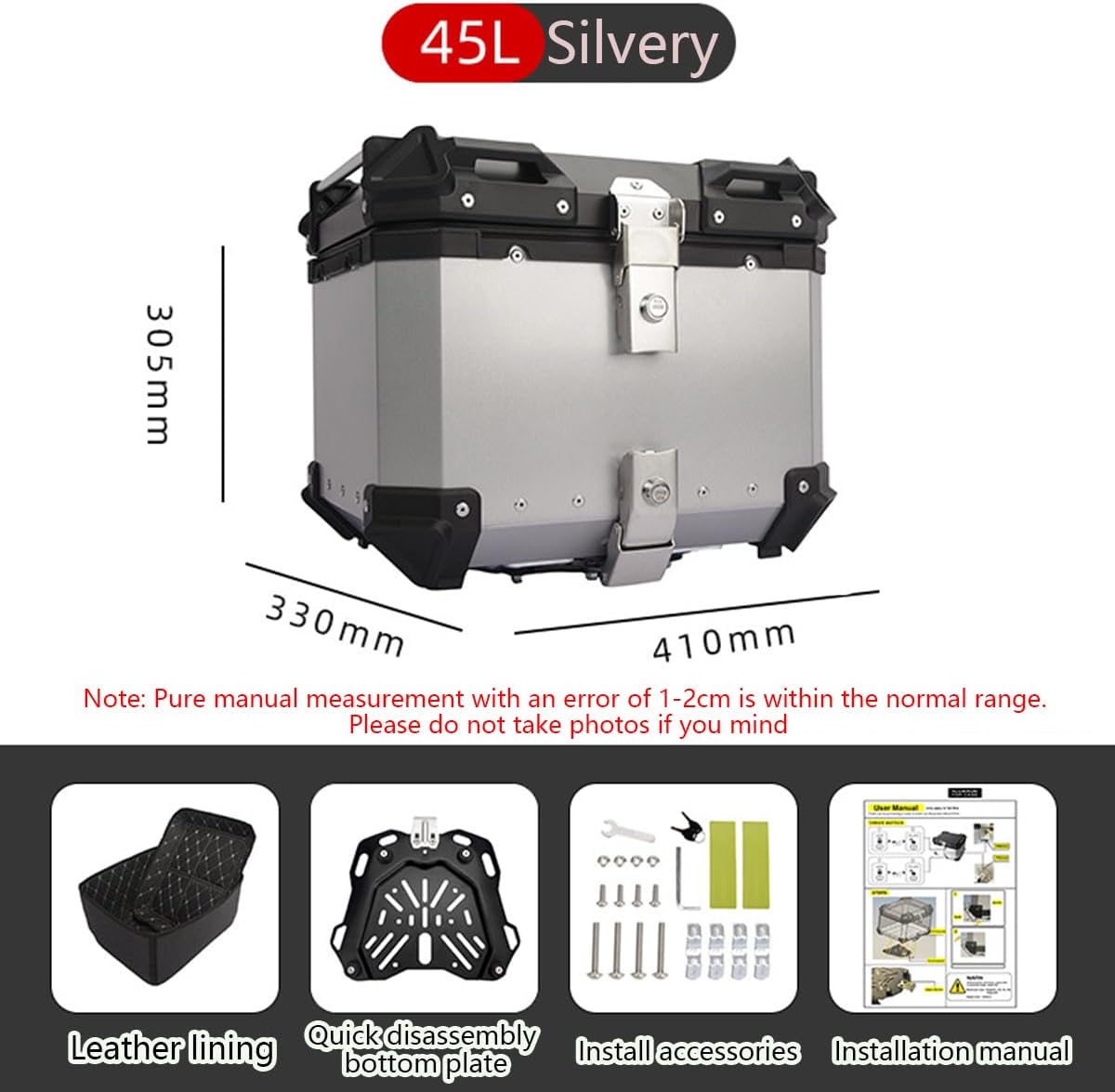 Motorcycle Rear Top Case Tail Trunk 45L, with Reflective Stickers & Mounting Hardware, Aluminum Scooter Storage Tail Trunk, for Helmet/Luggage Storage,Silver,45L