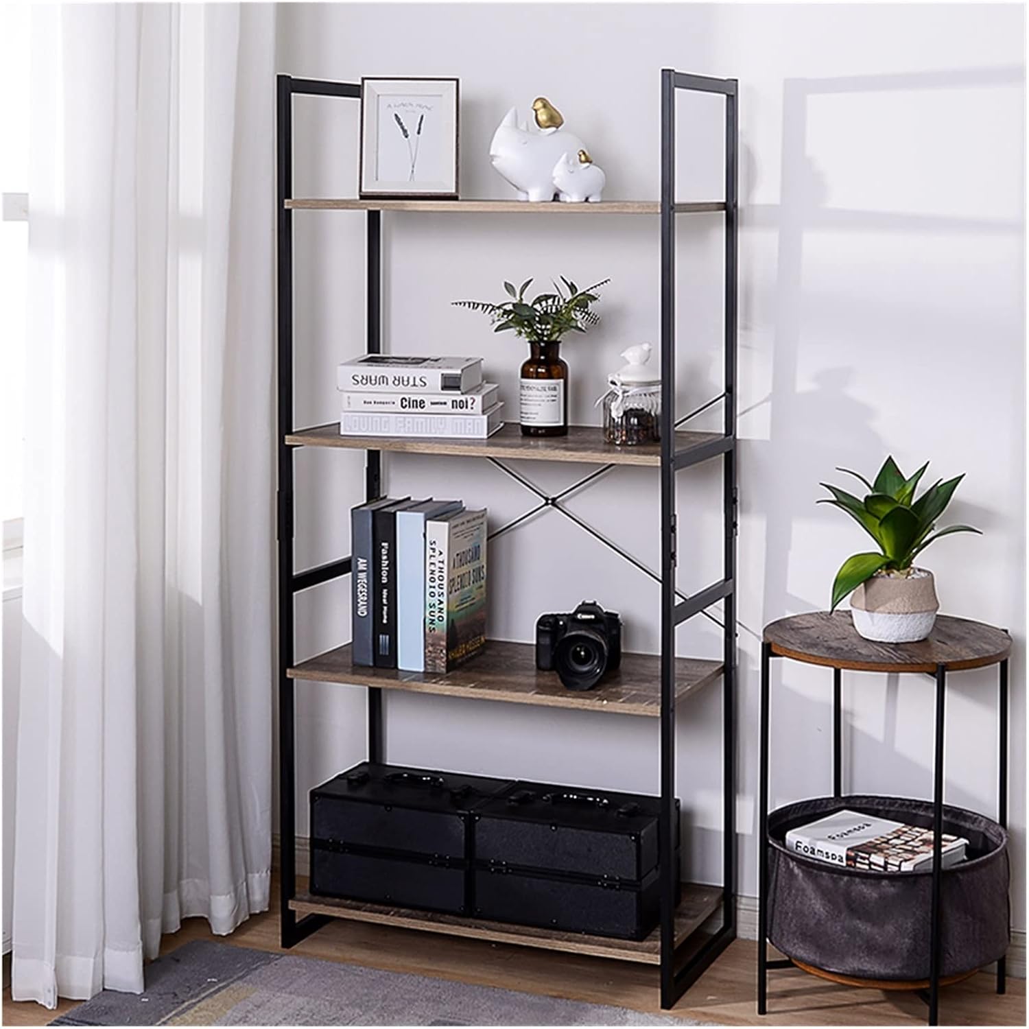 Simple Bookshelf Floor-to-Ceiling Flower Rack, Creative Trapezoidal Bookcase for Living Room Home MINGPING (Size : Oak Color 4 Layers)