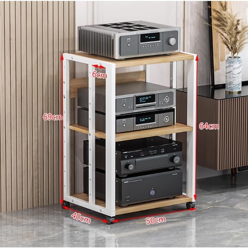 Modern Audio-Video Media Stand with Wheel Home Stereo System Entertainment Components Cabinet Open Storage Rack Floor-Standing Multi-Function Shelf Cabinet for Office Audio Video Theater(White
