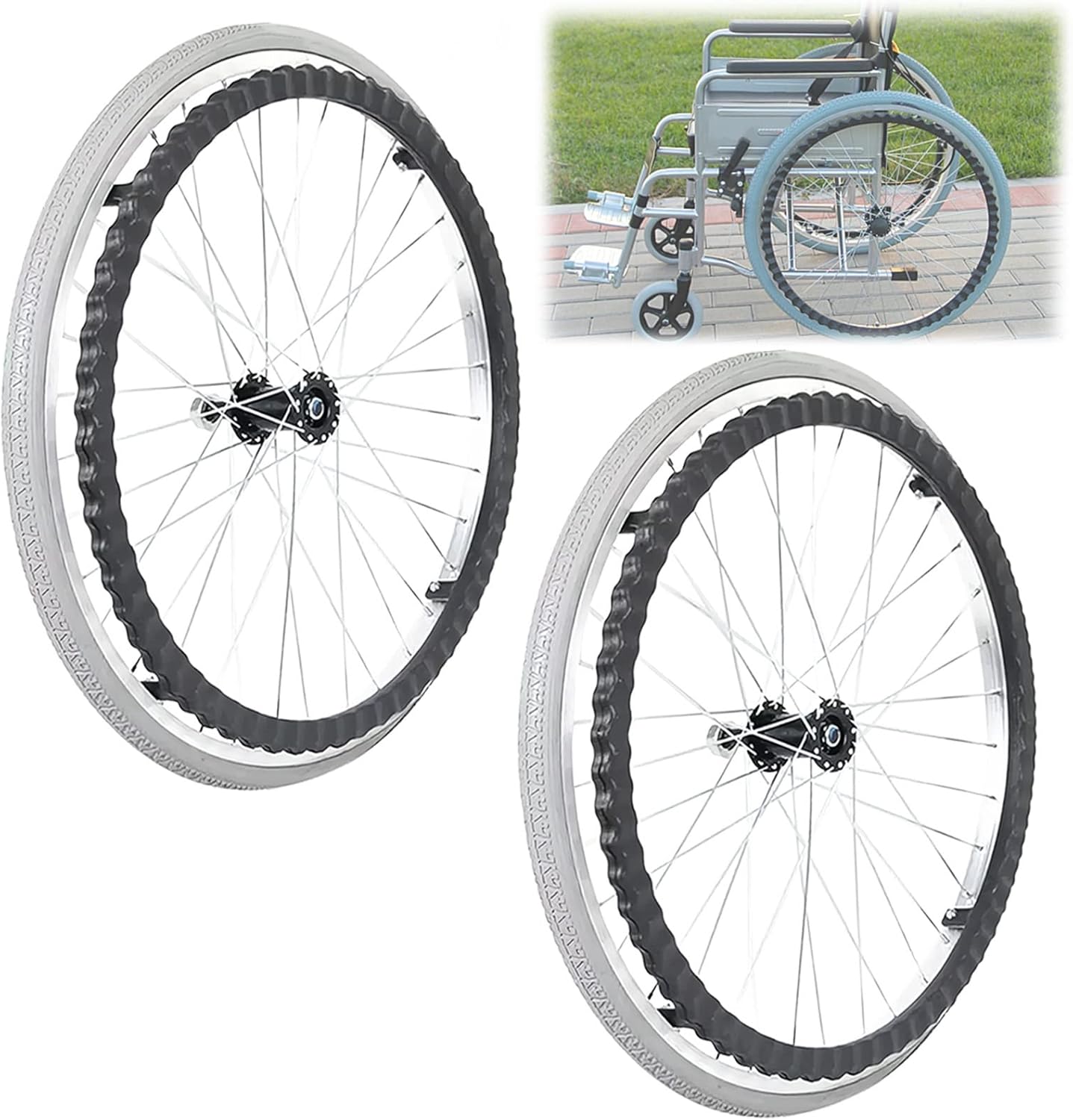 Wheelchair Caster Wheels Set of 2 24 Inch, Wheelchair Rear Wheel with Bearings and Handrim, Aluminum Alloy Spoke Hub Wheelchair Replacement Wheels (Color : Greys, Size : 24inch(60cm))