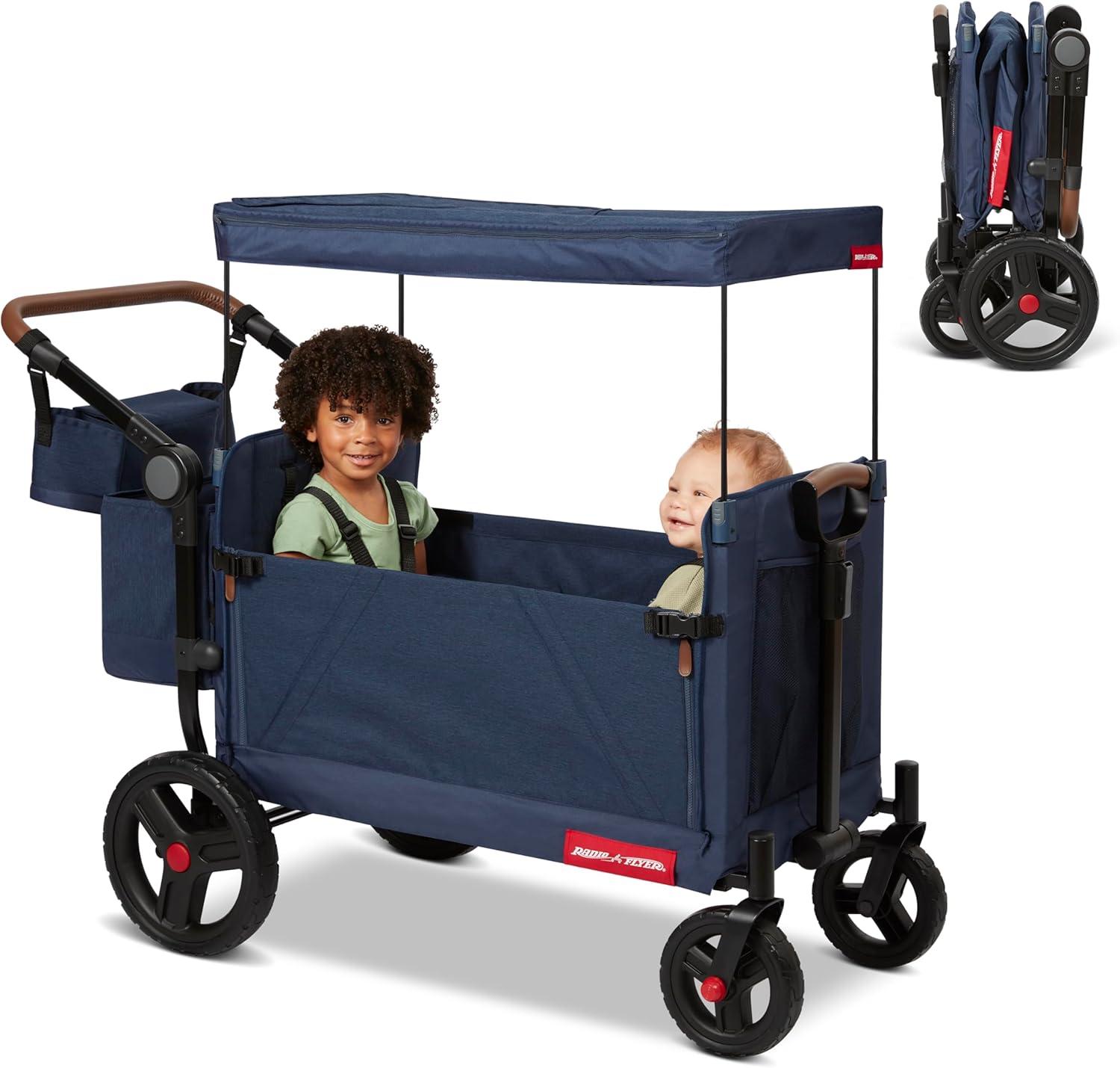 Radio Flyer Atlas Stroll ’N Wagon, Navy Blue, for Ages 1+, 3-in-1 Push or Pull Versatility, One-Hand Fold, UV Canopy, 5-Point Harnesses, Storage Capabilities, Rubber Wheels, Stroller Wagon for Kids