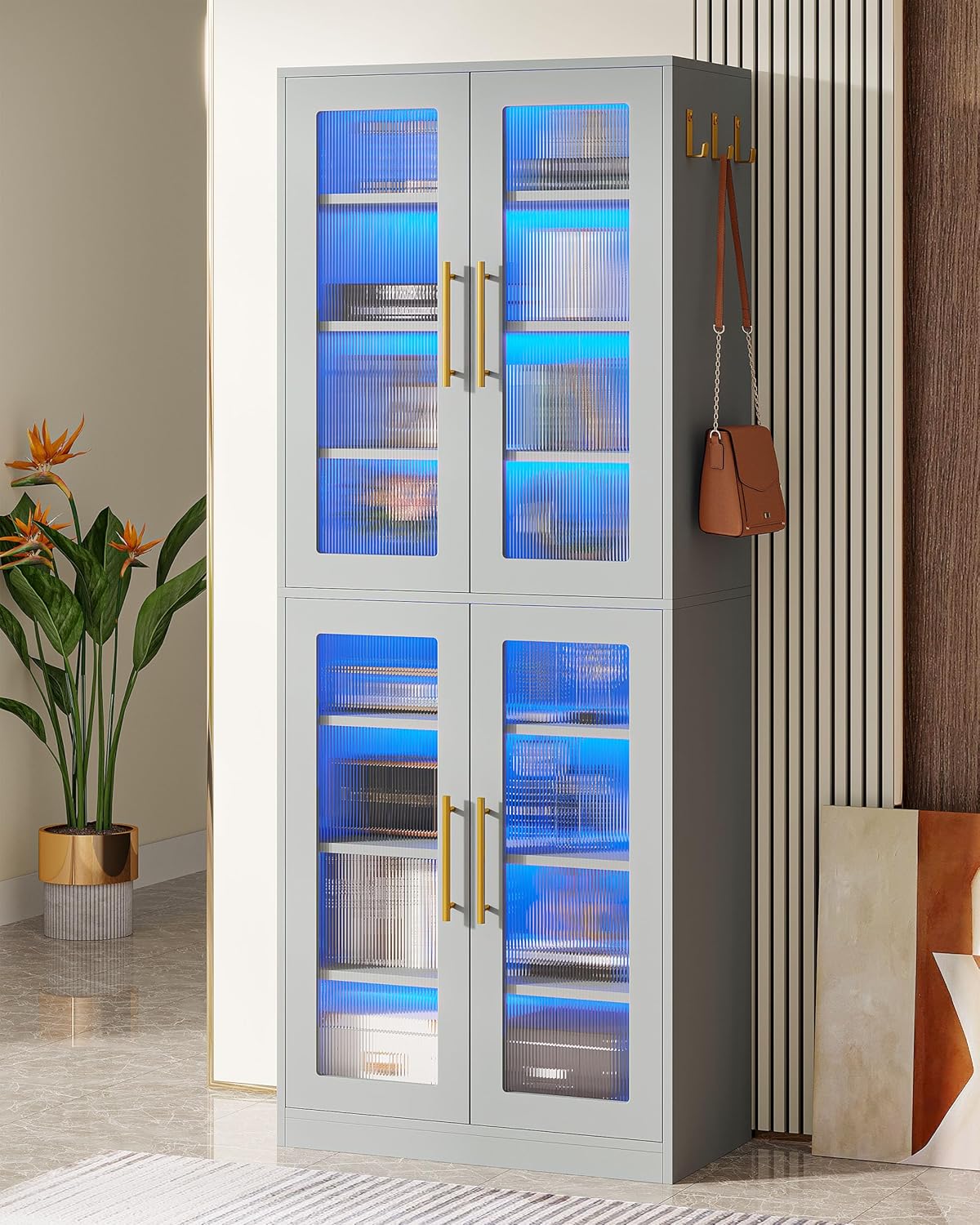 Tribesigns Bookcase with Doors and LED Light, 67-inch Tall Gray Bookshelf with 8-Tier Adjustable Shelves and Hanging Hooks, Freestanding Storage Cabinet for Living Room, Bathroom, Office, Kitchen