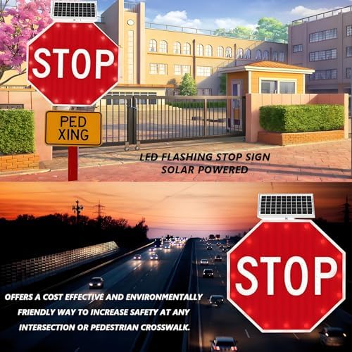 Solar LED Stop Sign - 32in Aluminum Octagonal Traffic Warning Sign, Solar-Powered Reflective Blinking Stop Signs, IP65 Waterproof for Enhanced Road Safety