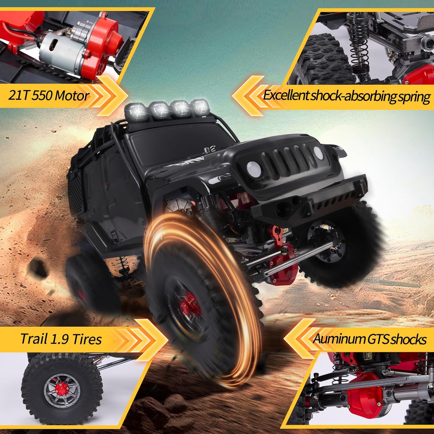1:10 Scale RC Rock Crawler 4x4 - Hobby Grade All-Terrain RC Truck with Carbon Fiber Frame, All-Metal Gearbox, Waterproof ESC, 2.4GHz for Adults & Teens (Black)
