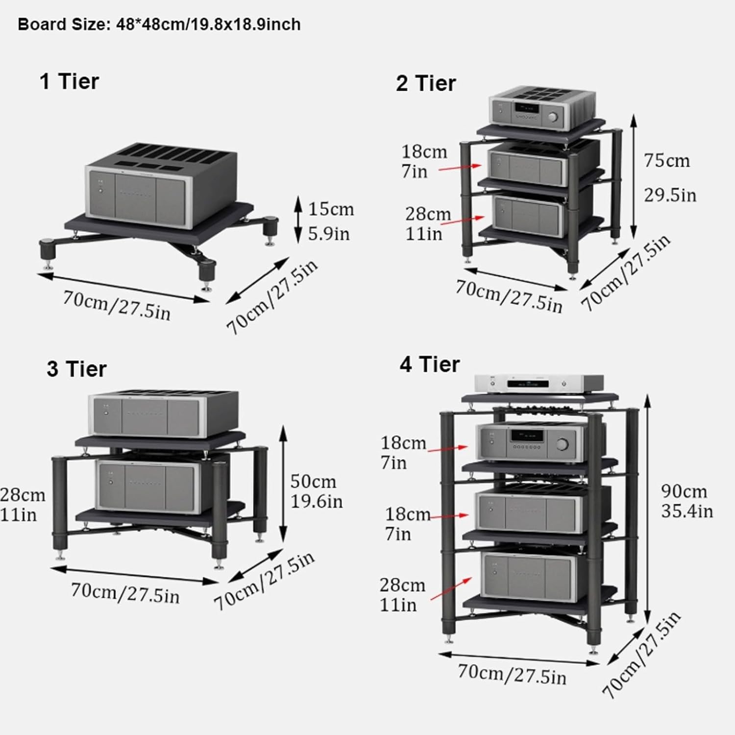 XMFBSY Medios Stereo Rack Audio Video Media Stand Modern HiFi Rack Audio Tower with Shock-Absorbing Feet Game Console Equipment Shelf for Home Office Organizer(Silver