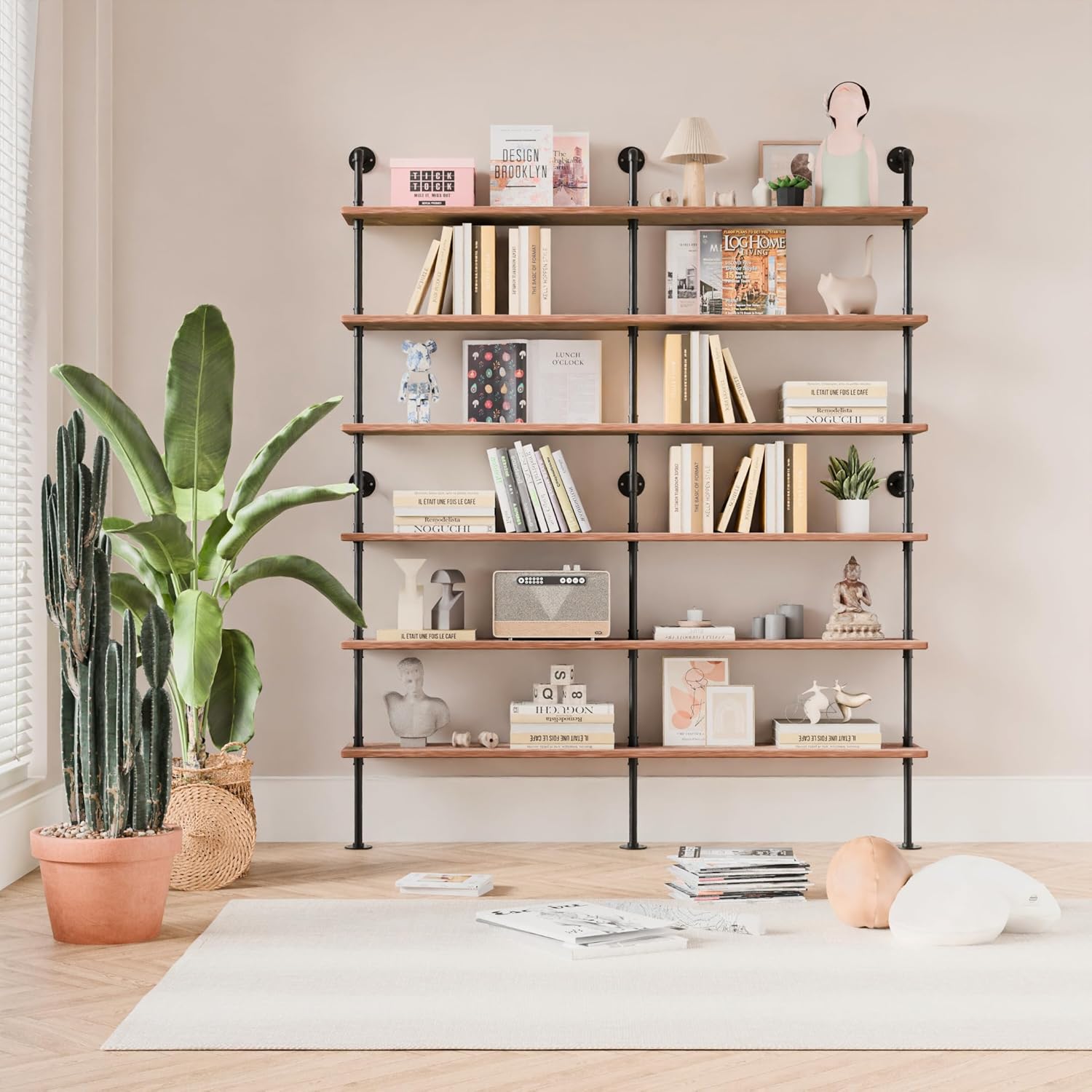 Anynice Industrial Ladder Shelf Bookcase, Wall Mounted Rustic Bookshelf, Retro Wood Metal Pipe Industrial Shelves for Living Room(Weathered Brown, 6 Tier - 10