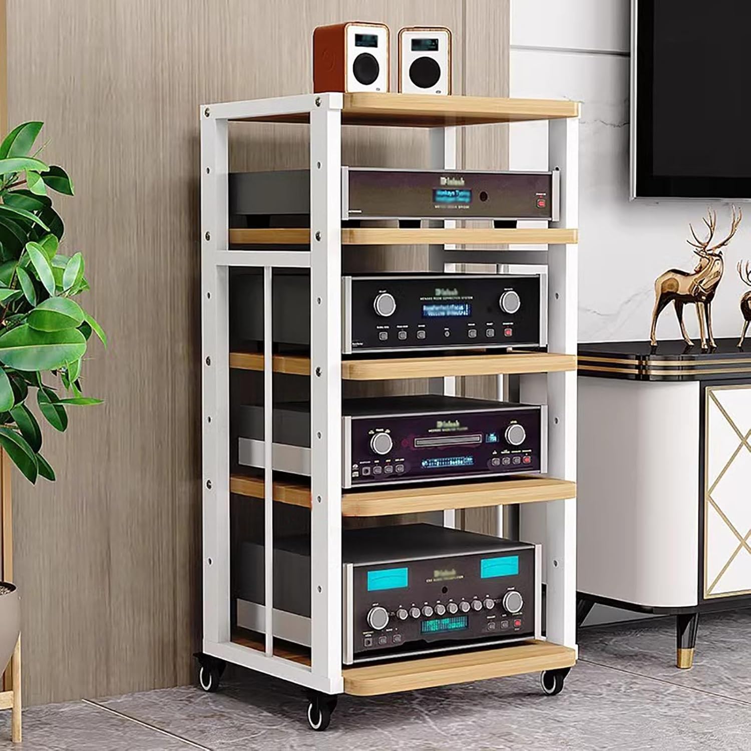Modern Audio-Video Media Stand with Height Adjustable Wooden Shelf and Mobile Wheel Media Storage Cabinet Storage for Entertainment Stereo Components for Living