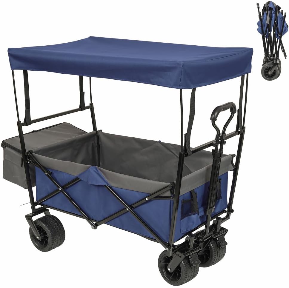 Heavy-Duty Collapsible Wagon with Canopy for Outdoor Use – All-Terrain Wheels, Lightweight Foldable Design, Large Cargo Capacity (Dark Blue + Steel)
