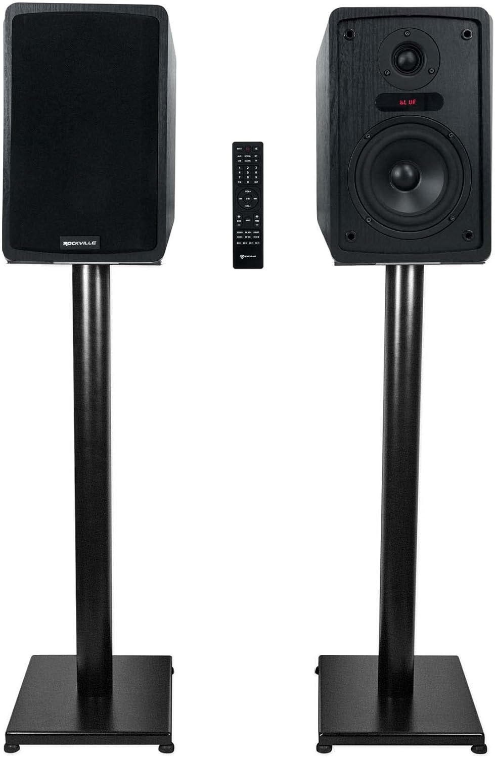 Rockville ELITE-5B Bundle: 5.25 in Powered Bookshelf Speakers with Bluetooth and Optical Input, 400-Watt RMS 800-Watt Peak, RS29B 29 in Steel Speaker Stands, 2 Items