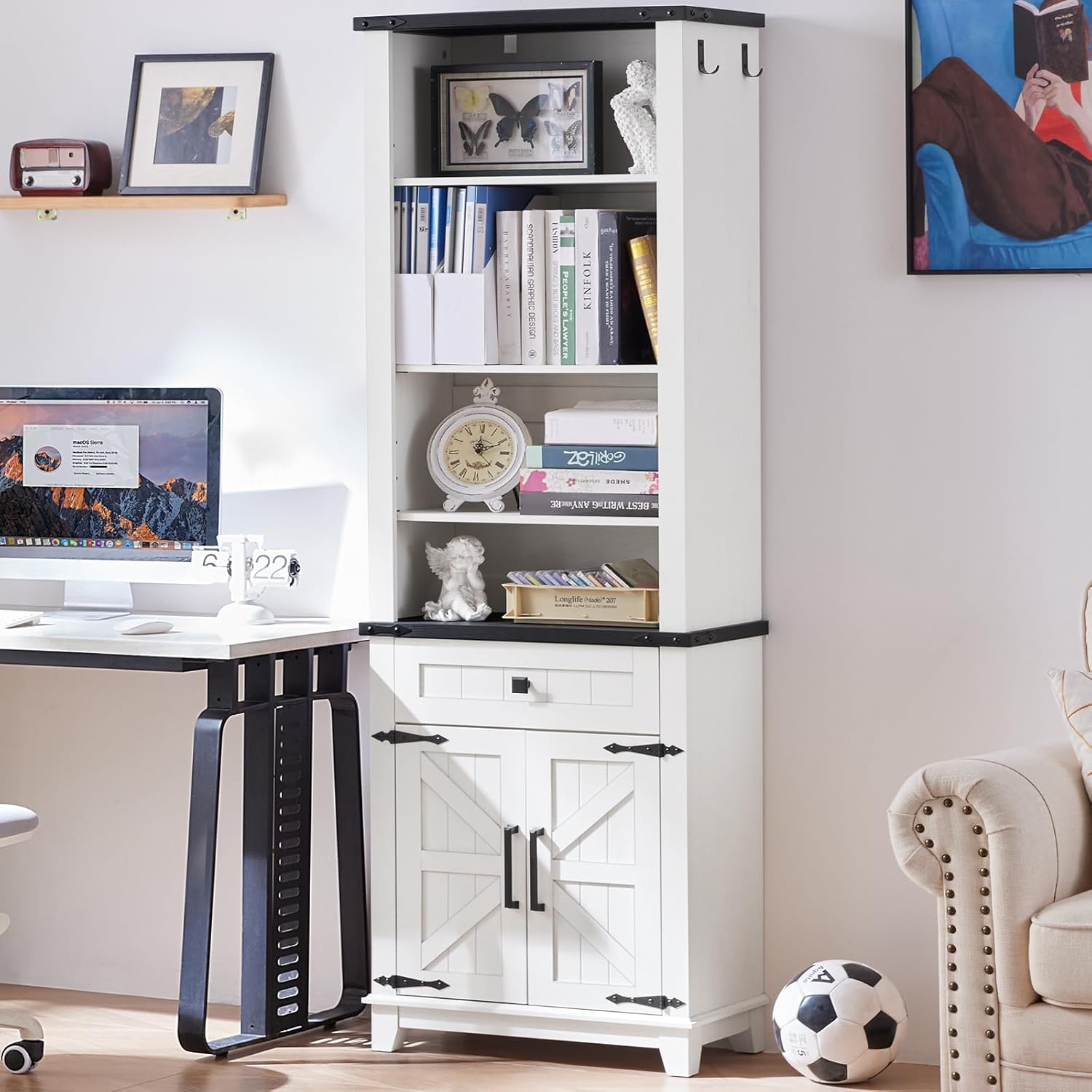 Joaxswe 72in Tall Bookshelf 7 Tier Bookcase with Drawer and Barn Doors and Adjustable Shelves, White Farmhouse Book Shelf with Storage Cabinet, Wood Freestanding Display Bookshelves for Living Room