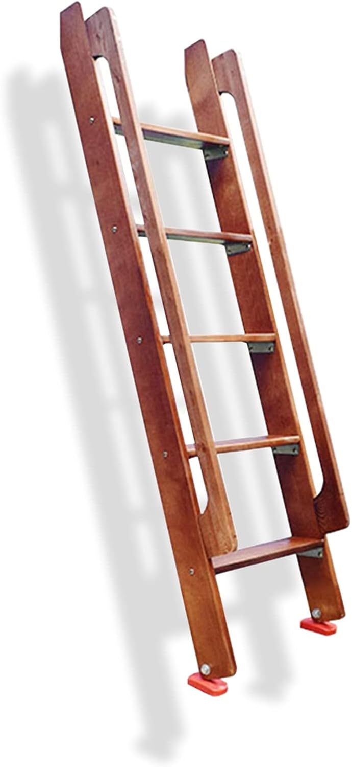 REMYS Bed Ladder Brown Wood RV Bunk Ladder, Non-Slip Bunk Bed Ladder with Widen Pedal/Handrail, Kids/Teens/Adults Bedroom, Space Saving, Load 150kg