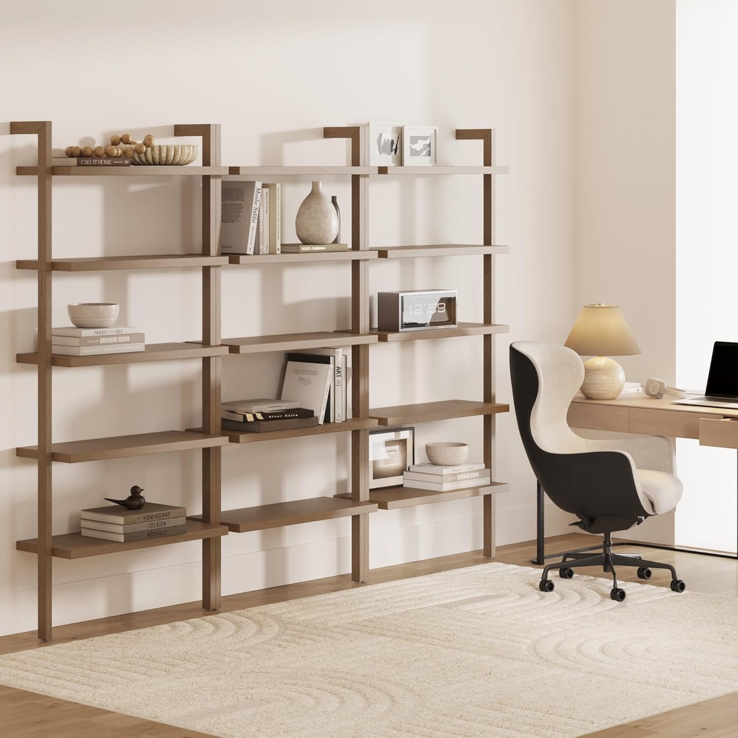 Nathan James Beacon 5 Tier Bookshelf, Wall Mounted Bookcase, Solid Wood Bookshelf in Wire Brushed Finish, Boho Rustic Bookcase, Set of 3