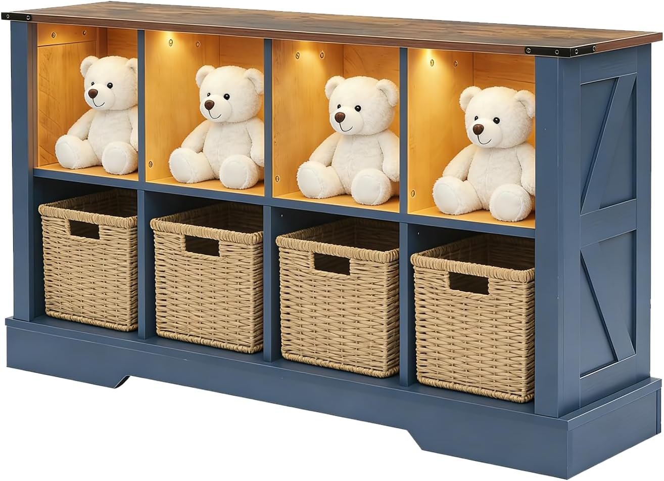 Seekverse 8 Cube Bookcase, Wooden Cube Storage Organizer Shelf, Blue Horizontal Book Shelf with LED Lights, Freestanding Display Cabinet for Living Room, Bedroom, Home Office