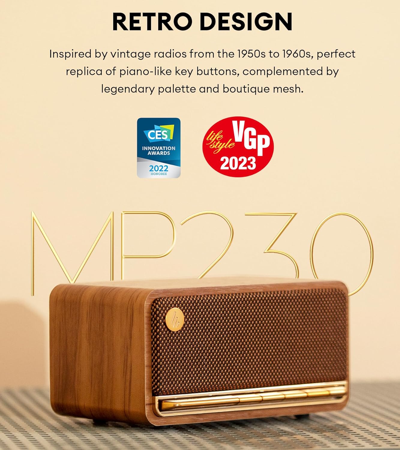 Edifier MP230 Portable Bluetooth Speaker, Wireless Speaker with Stereo Sound for Home & Outdoor Travel, 9h Playtime, Supports AUX, USB-C, TF Card, 20W RMS - Classic Wooden