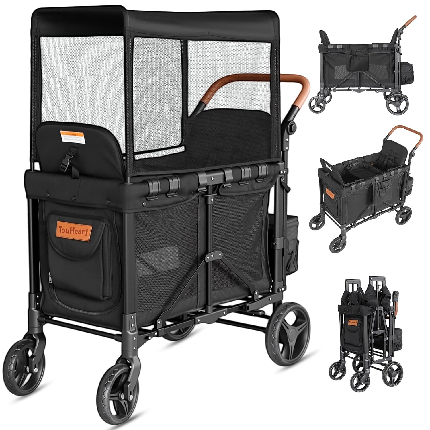 Wagon Stroller for 2 Kids - Double Seater Push Stroller with Canopy | Collapsible Foldable Wagon for Kids Toddlers & Infants with Removable Seat Pads