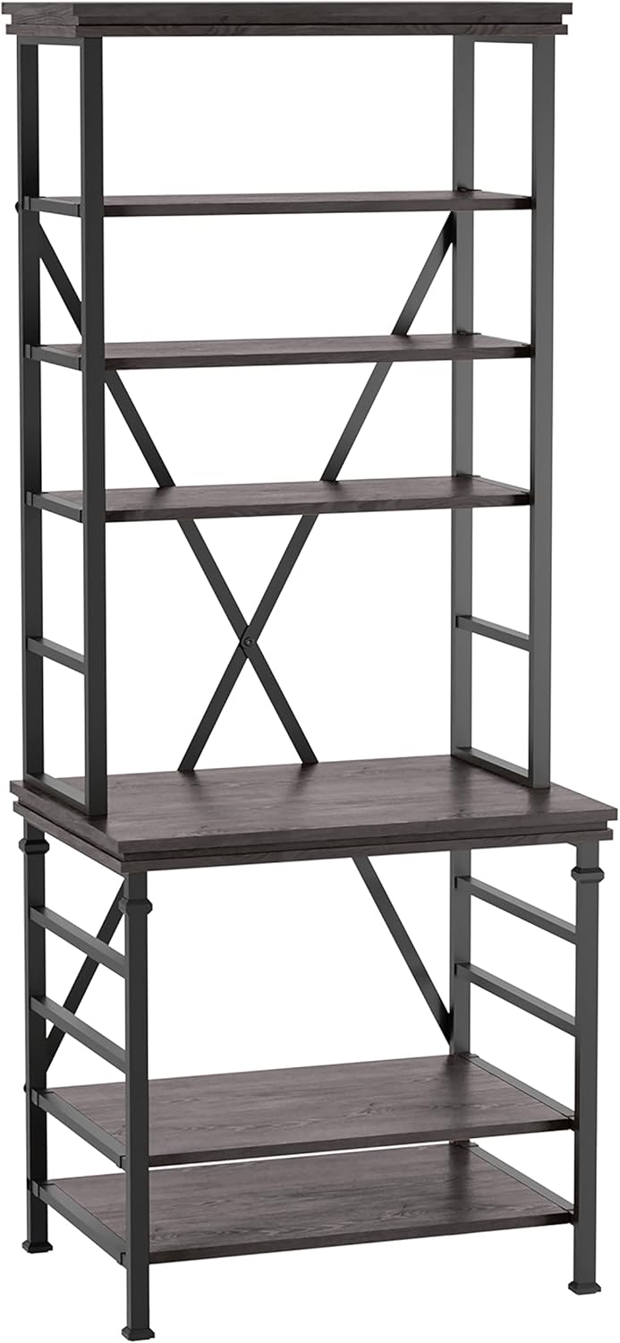 HOMES: Inside + Out Tryon Industrial 6 Open Shelves Metal 32 in. Bookcase for Living Room, Bedroom, Home Office, Antique Gray and Black