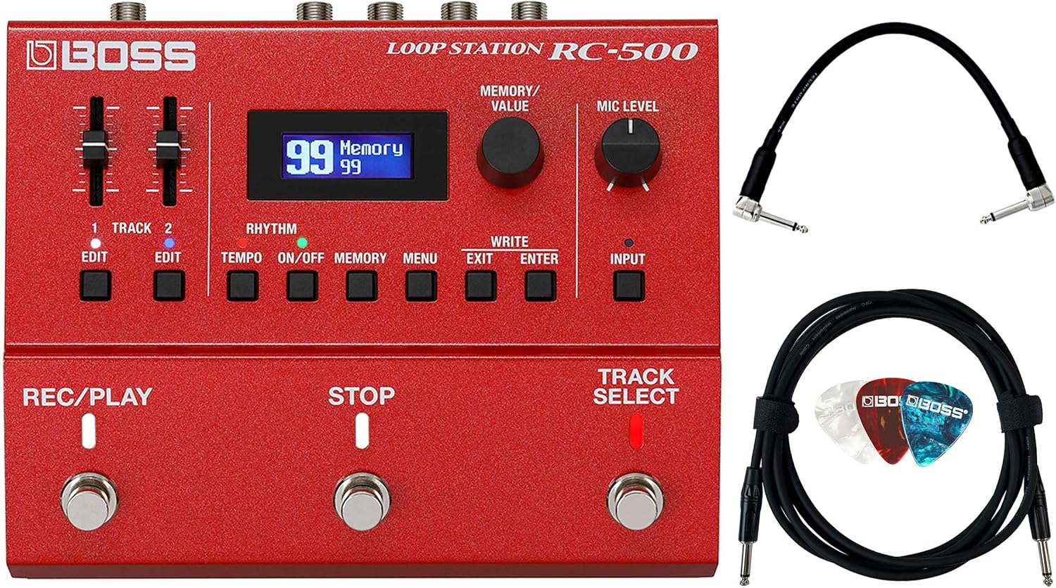 Boss RC-500 Loop Station Bundle with Gearlux Instrument Cable, Patch Cable, and Picks