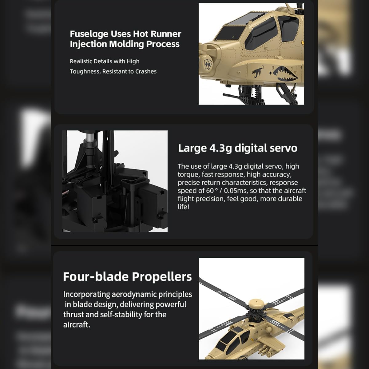 FunXylophy F11-N AH64 Apache RC Helicopter, 1/32 Scale 2.4G 6CH Dual Rotor 6G/3D RC Helicopter with Optical Flow Altitude Hold and One Click Descent (RTF Version/Desert Yellow)