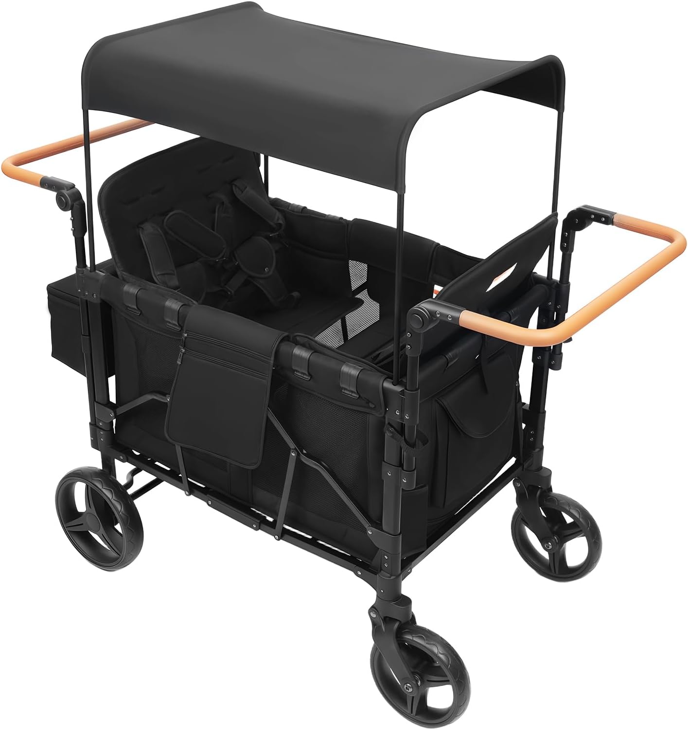 Stroller Wagon, 4 Seater Premium Stroller W-Agon, Adjustable & Folable Stroller Wagon with a Five-Point Safety Harness and 4 Wheels, Detachable Canopy, Double Push Bars, Mesh Sides, Black