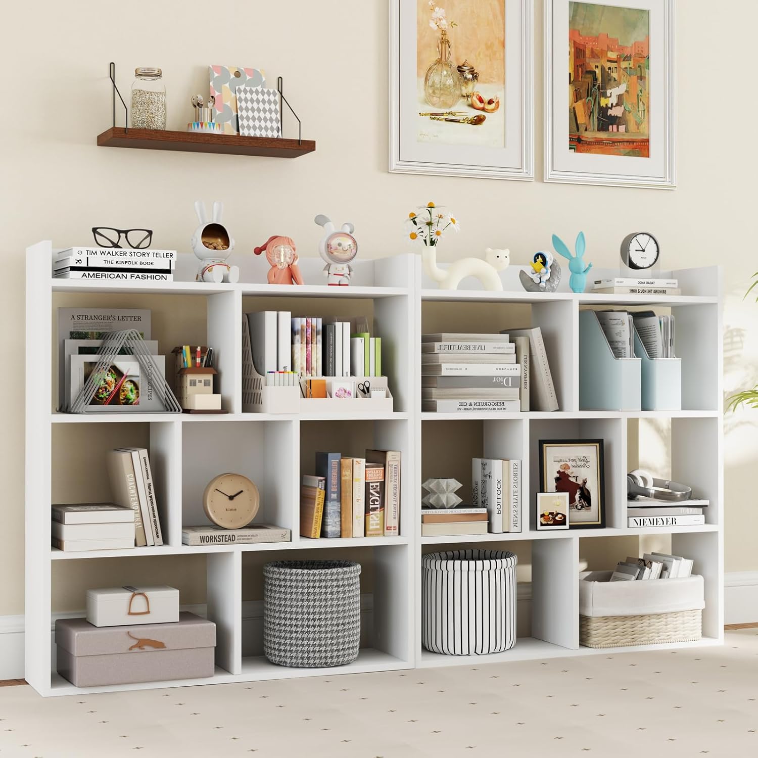 Tangkula 7-Cube Bookshelf, Floor Standing Open-Back Bookcase with Anti-Toppling Devices, Wooden Geometric Bookshelf, 4-Tier Storage Display Shelf for Living Room, Study, Office (2, White)