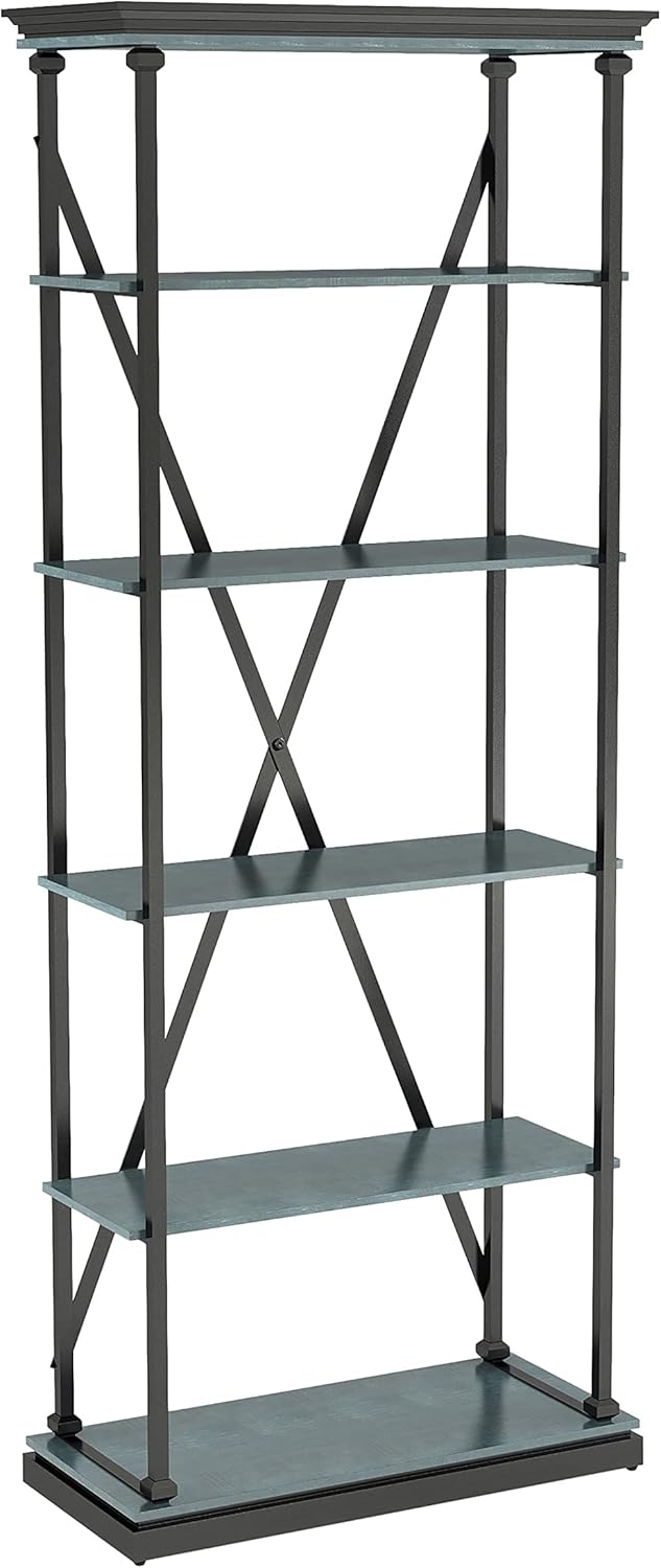 HOMES: Inside + Out Nemme Industrial 5 Open Shelves Metal 34 in. Bookcase for ‎Home Office, Living Room, Bedroom, Antique Blue and Black