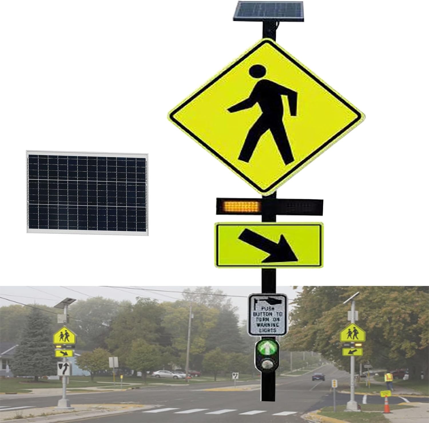 Solar-Powered LED Pedestrian Crossing Sign Aluminum Traffic Warning Sign with Engineering-Grade Reflective Film Waterproof Road Safety Signs Pedestrian Walking for Outdoor Use(Medium)