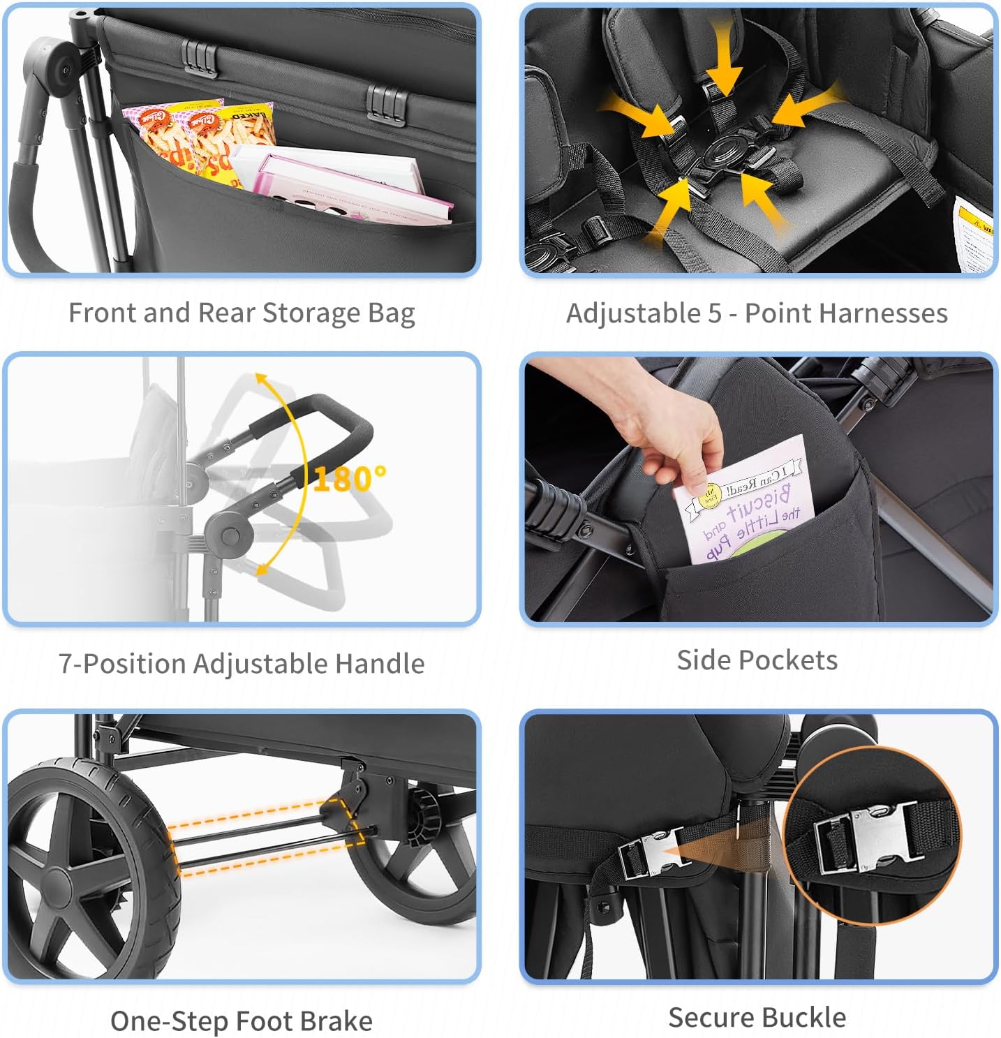 Stroller Wagon for 4 Kids, 4 Seater Wagon Stroller Featuring 4 High Seat with 5-Point Harnesses and Adjustable Canopy, Foldable Double Push Bar Wagon Stroller 4 Seater for Garden, Camping (Black)