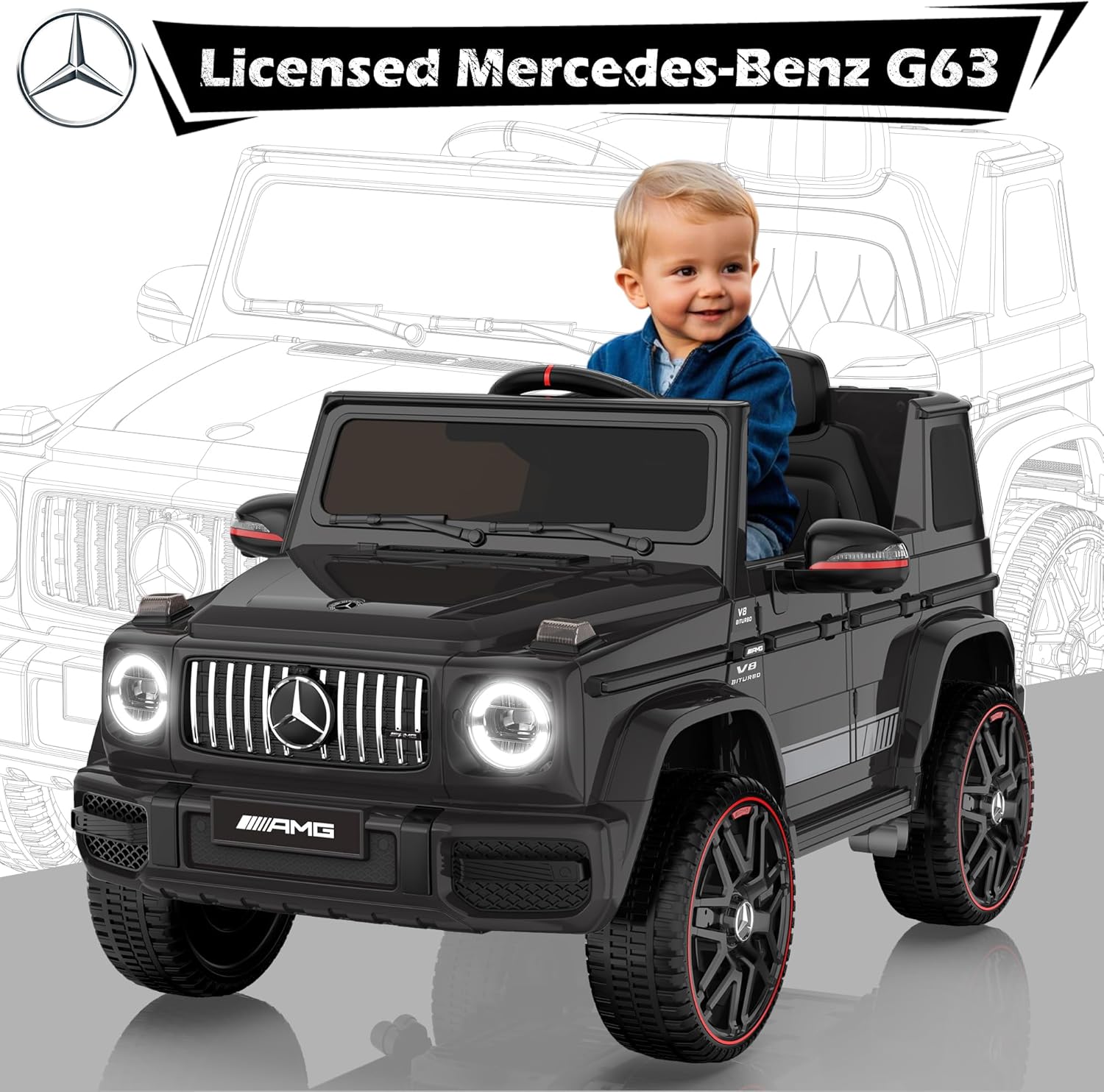 ANPABO Licensed Mercedes-Benz G63 Car for Kids, 12V Ride on Car w/Parent Remote Control, LED Headlights, Music Player/Bluetooth & Horn, Soft Start, Low Battery Prompt, Kids Electric Car, Black