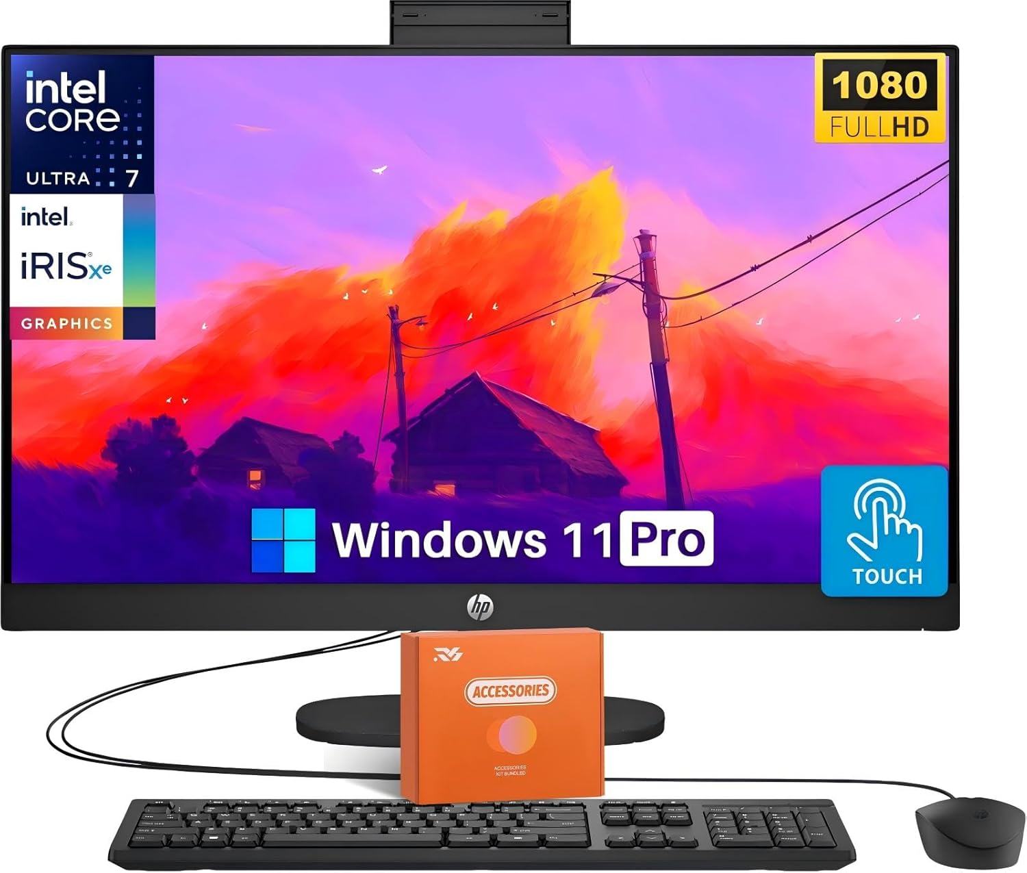 HP Business All-in-One Desktop Computer 27 Inch, FHD IPS Touchscreen, Intel Ultra 7 155U(12-core, Up to 4.8 GHz), 64 GB DDR5, 2 TB SSD, Intel Iris Xe Graphics, Wi-Fi 6, Windows 11 Pro, w/Accessories