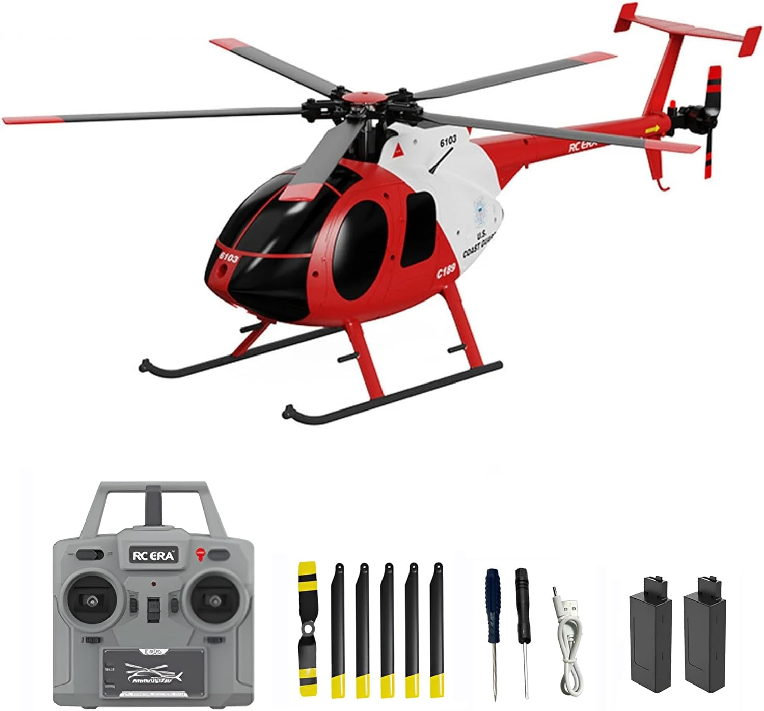 Remote Control Helicopter, C189 MD500 RC Helicopter Model, 1/28 Scale 4CH Single-Rotor Helicopters with 6-Axis Gyro and Brushless Motor, 2.4GHz RC Aircraft for Adults, 2 Batteries (Red)