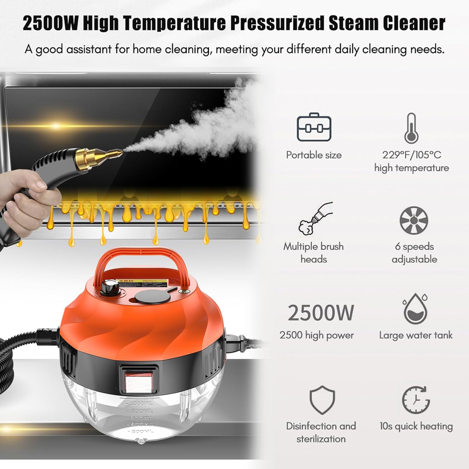 High Temperature Steam Cleaning Machine 2500W Handheld High Pressure Steam Cleaner with 3 Brush Heads 2 Spray Gun and Cleaning kit Tool (E)