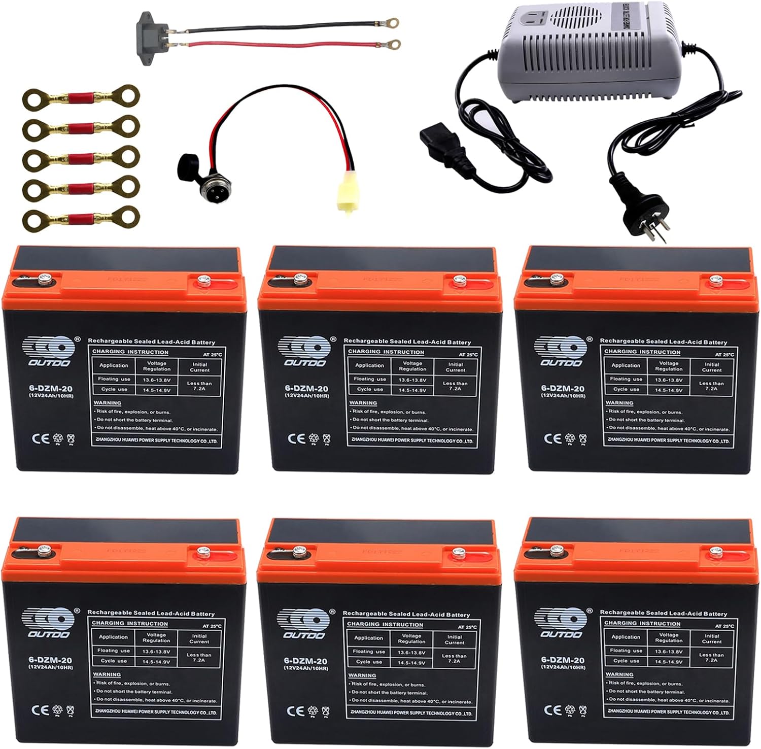 6 Pack 12V 24AH Go Kart Motorcycle Battery – SLA Powersports Start Battery (210CCA) with Battery Charger, Charging Port, Connect Cable – for Electric Scooter E-bike Pit Dirt Bike ATV UTV Drift Trike