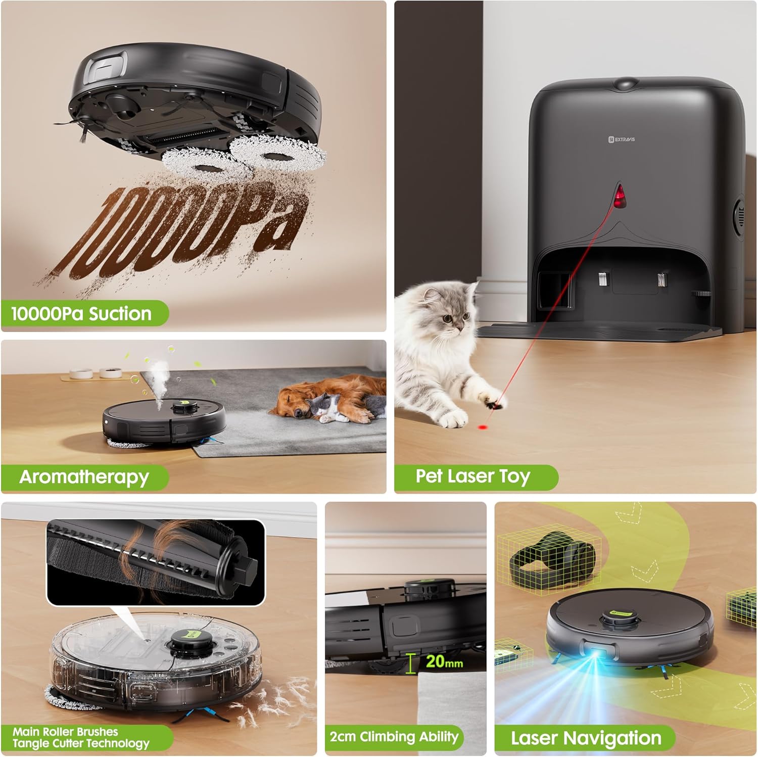 Robot Vacuum and Mop, Pet Hair Tangle-Free Cutter Technology, Max 10,000Pa Suction, Laser Navigation, Pet Laser, 75-Days Capacity, Carpet Lift Detection, APP ＆ Voice Control, Robotic Vacuums Cleaner