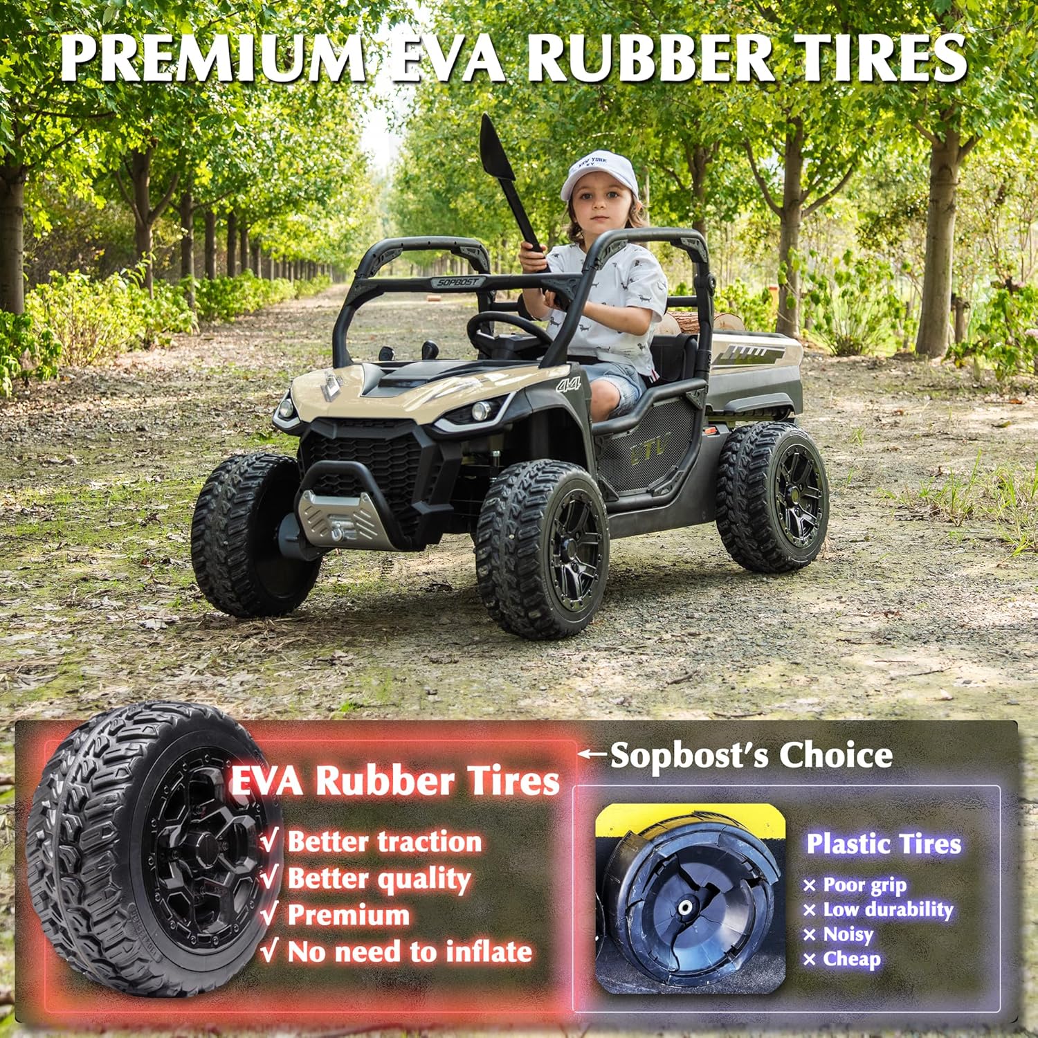 sopbost 24V Ride On Toys for Big Kids to Drive 2 Seater Electric Car with Remote Control 10Ah Battery Powered Side by Side UTV with Large Dump Bed, 4x75W Motors, Quicksand & Black