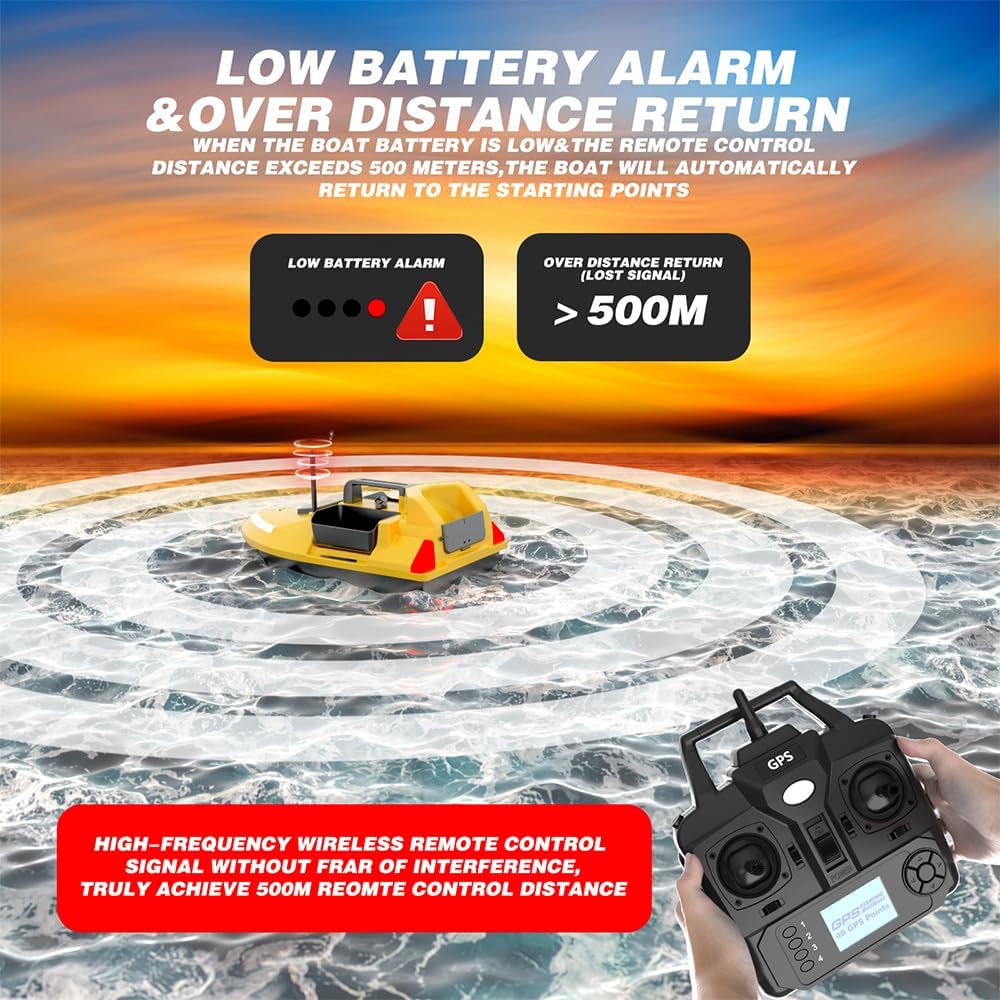 Bait Boat V020 Glow in The Dark, RC Fishing Boat GPS with Dual Motors, 12000mAh Battery, 546 Yards Range, Triple Bin 4.4 Lbs Capacity, Fluorescence Effect