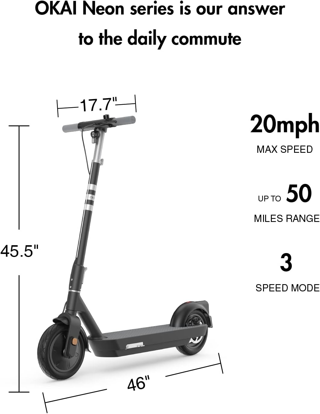 OKAI Neon Series Electric Scooter - ES10/20/30 Models - 18.6-50 Miles Range & 15.5-20 MPH, Dual Brakes - Commuter Electric Scooter for Adults & Teens, UL 2272 Certified