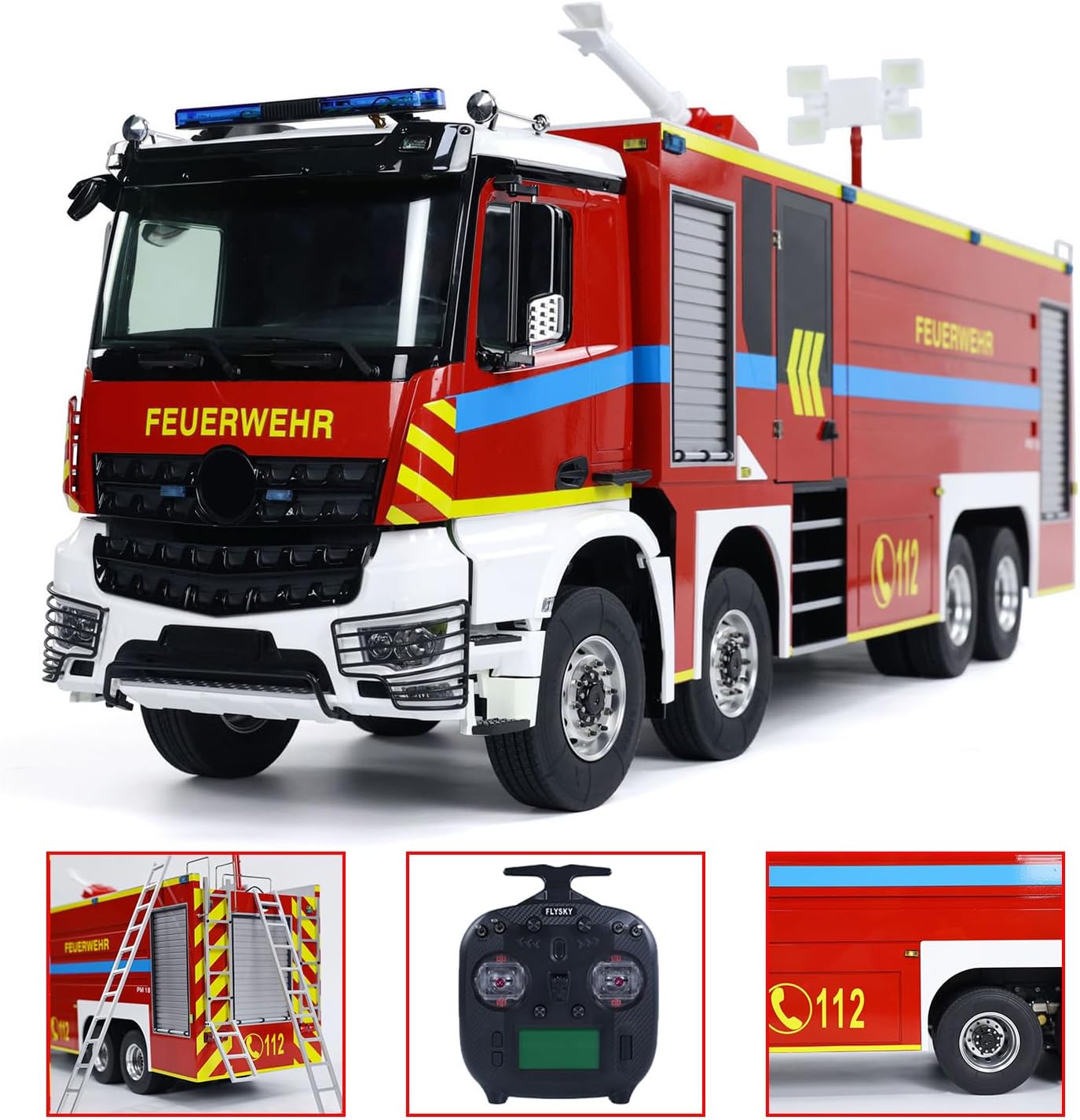 1/14 8X4 RC Fire Fighting Truck Metal Chassis Two Speed Transmission Differential Lock on Axles Radio Control Fire Car Light Sound Motor Servo ESC Hobby Grade Construction Vehicle Model