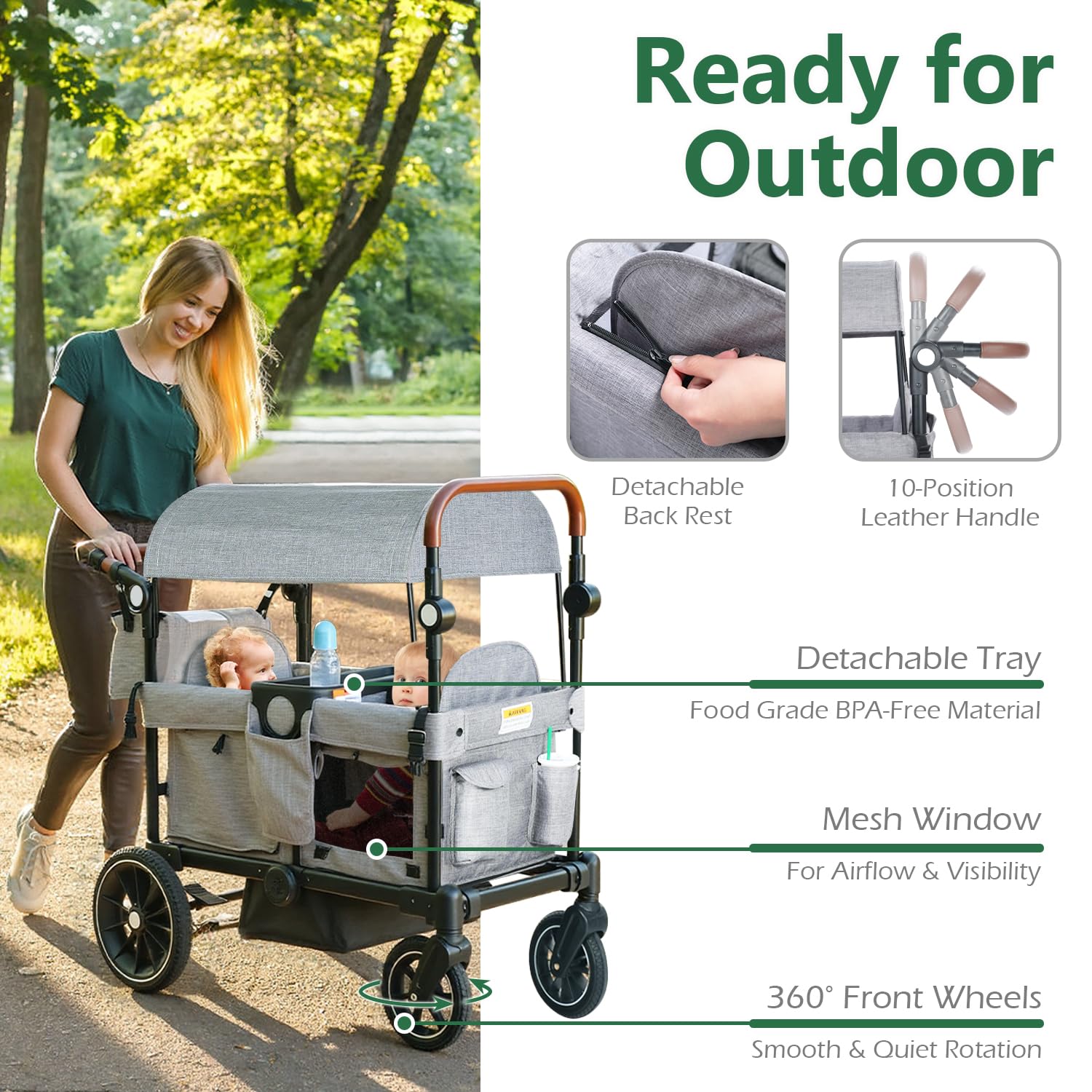 Kinder King Folding Wagon Stroller for 2 Kids, All-Terrain Baby Stroller Wagon Outdoor, Removable Canopy 2 Seater, Adjustable Handle, Shock-Absorbing Wheel, Detachable Tray, Parent Organizer, Gray