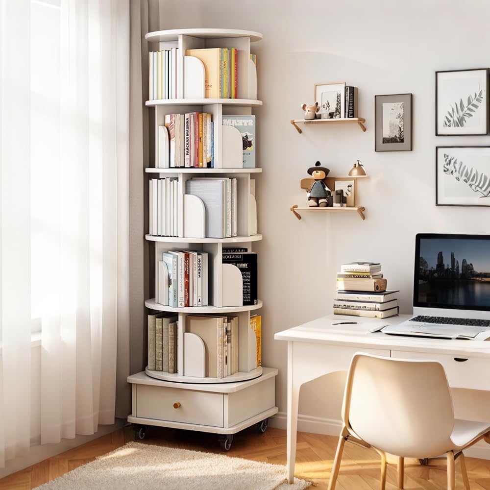 Hayiodda 6 Tier Rotating Bookshelf with Storage Cabinet, Spining Bookshelf Tower with Wheels, 360° Display Corner Bookcase for Small Spaces, Wood Corner Shelf for Home Office (White)