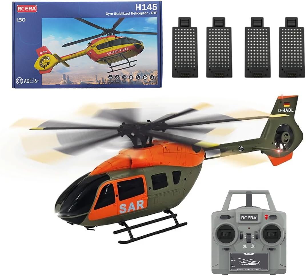 PIONEERX H145 C190 1/30 Scale Remote Control Helicopter for Adults Beginners, 6CH 2.4G 6-Axis Gyro 6G RC Helicopter Single Rotor No Ailerons Altitude Hover/Optical Flow Positioning - 4 Battery