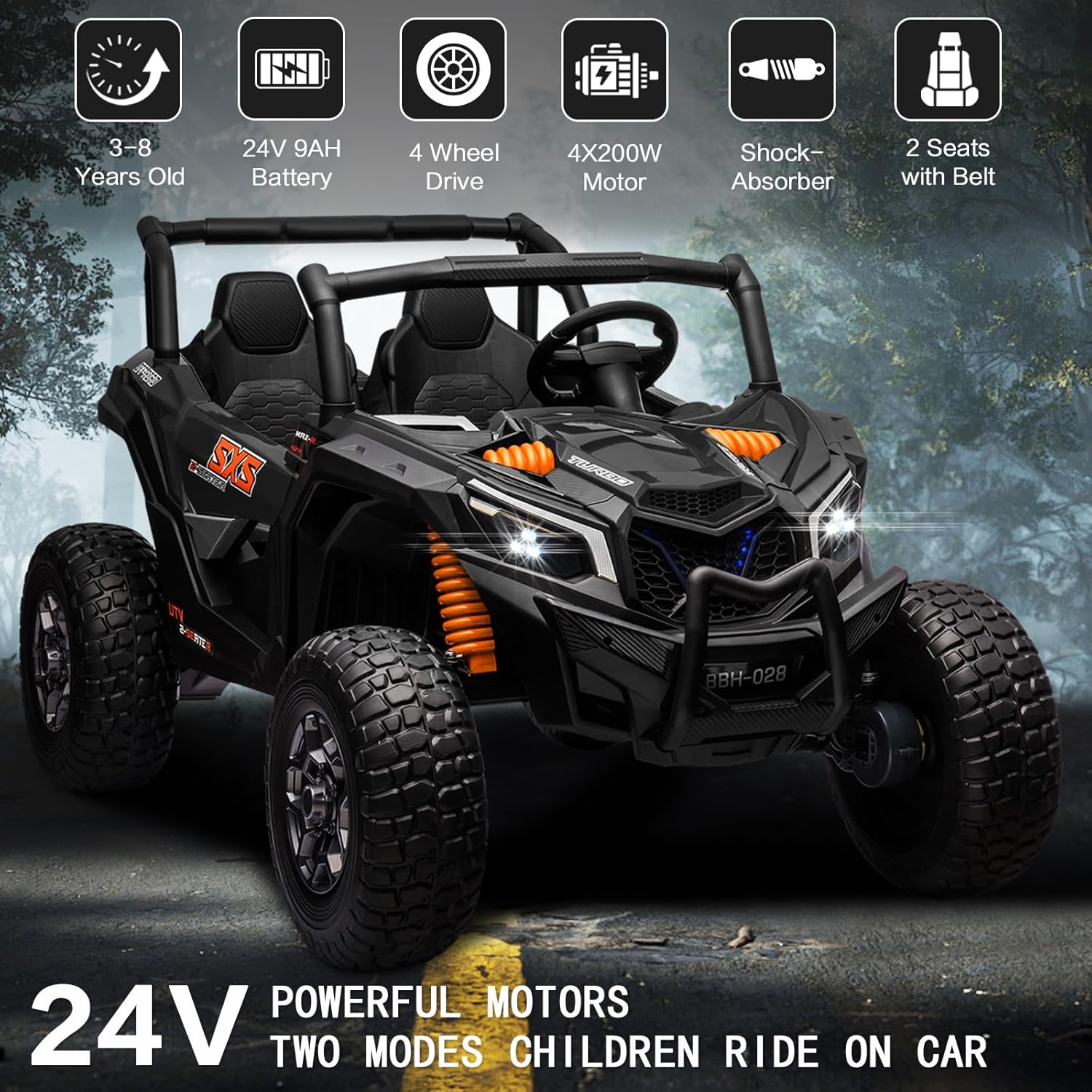MOLACHI 24V Ride on Toys for Big Kids, 4WD Kid UTV Children Electric Cars with EVA Wheels, 2 Adjustable Seater Kids Remote Control Vehicles, 3 Speeds, LED Lights, 4 Shock Absorbers, Bluetooth-Black