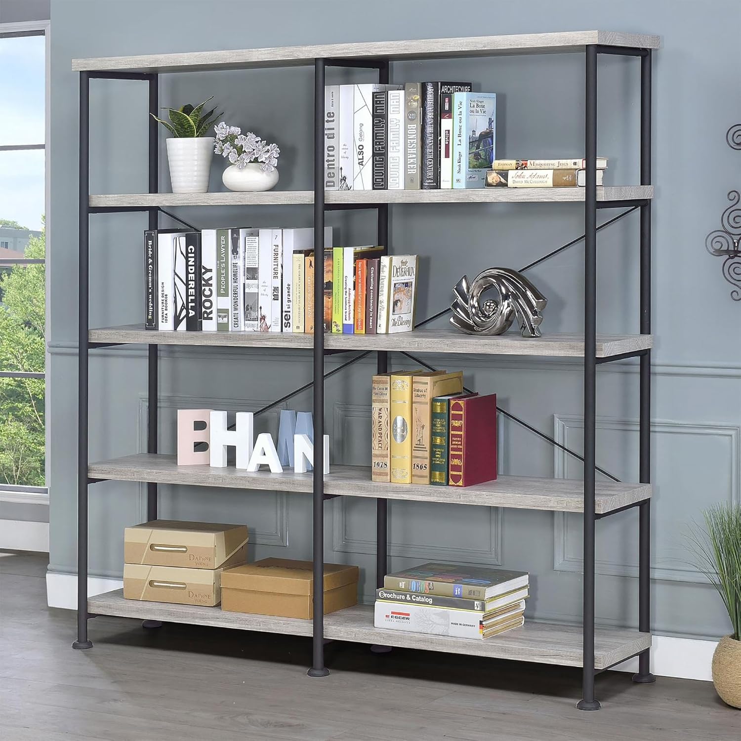 Jenvor Double-Wide Bookcase Grey Driftwood and Black Industrial Four-Tier Bookshelf with Metal Frame, 60 Inch Wide 63 Inch High Sturdy Shelves 44 Lb Capacity Each for Living Room Office