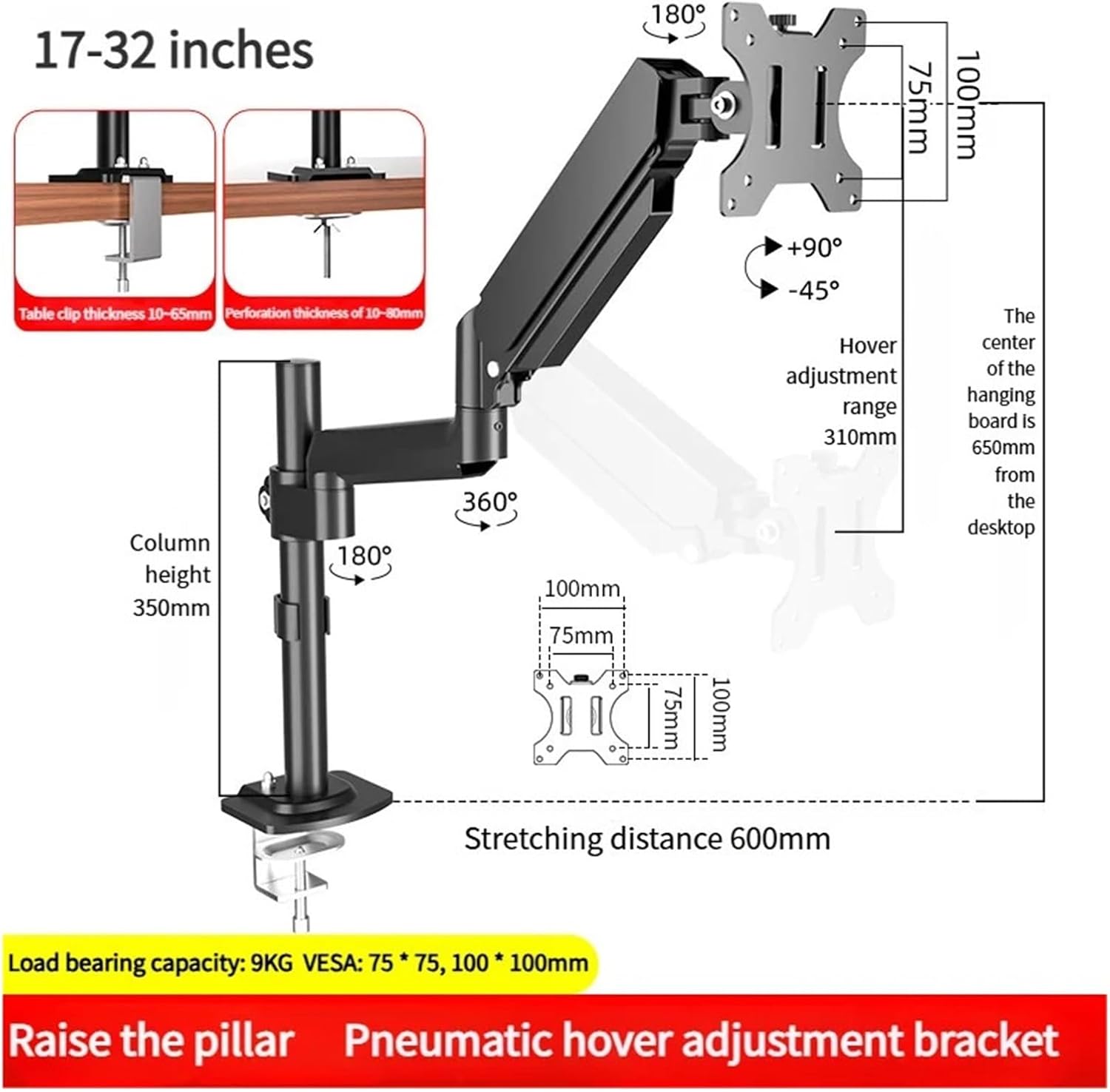 Single monitor arm for 17-32-inch monitors, supports up to 9 kg, adjustable monitor arm, gas spring, full-motion support for monitors