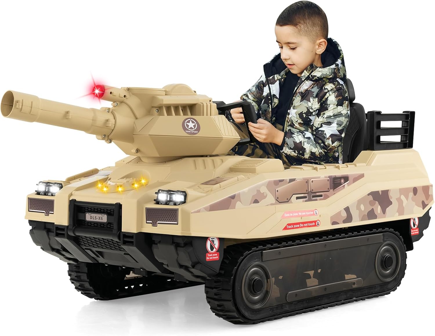 OLAKIDS 12V Ride on Car, Kids Electric Tank with Remote Control, 8 Cannonballs, Rotating Turret, 360°Spin Vehicle, Bluetooth, Battery Powered Army Tank Toy for Boys Girls
