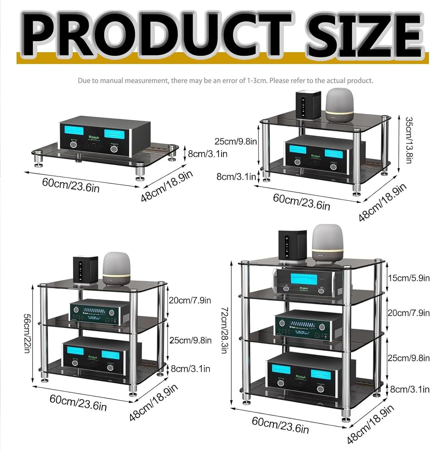 LIHDNGXM 1/2/3/4-Tier Audio Rack Tower with Tempered Glass Shelves Stereo Rack AV Media Stand AV Equipment Cabinet Stereo Receiver Display Stand CD Record Player(Clear Glass