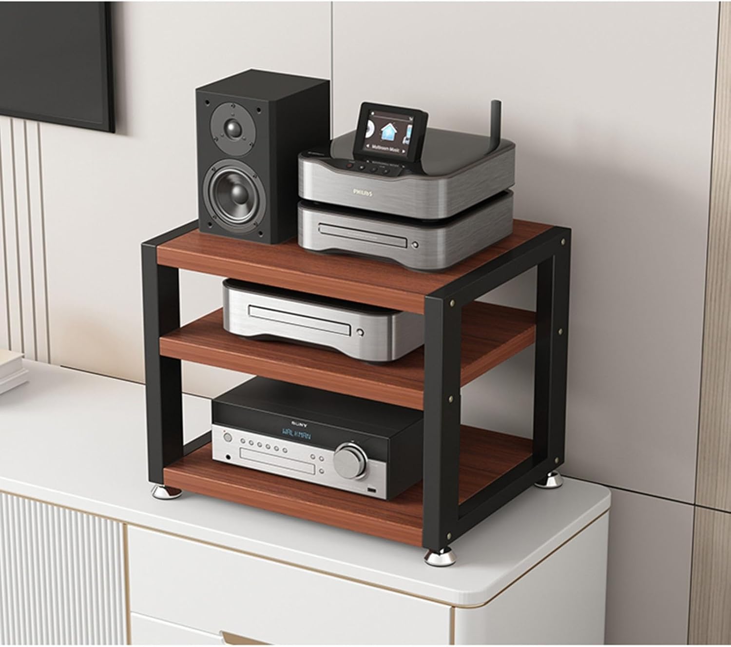 AV Media Cabinet Stand Audio/Video Component Cabinet Stereo Rack Audio Tower Wooden Shelf