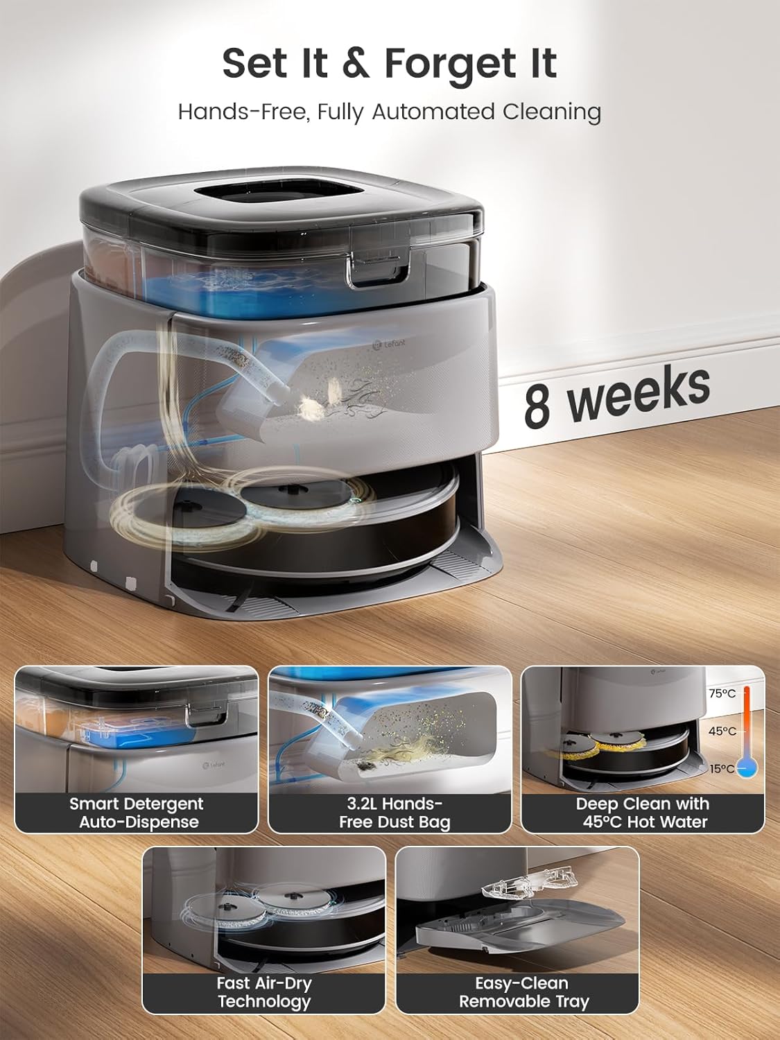 Lefant M3 Max Robot Vacuum, Robot Vacuum and Mop, 20000Pa Suction, Anti-Tangle Brushes, Dual Spinning Mop,Smart Obstacle Avoidance，Self-Emptying&Refilling，Auto Mop Washing&Drying，Gray