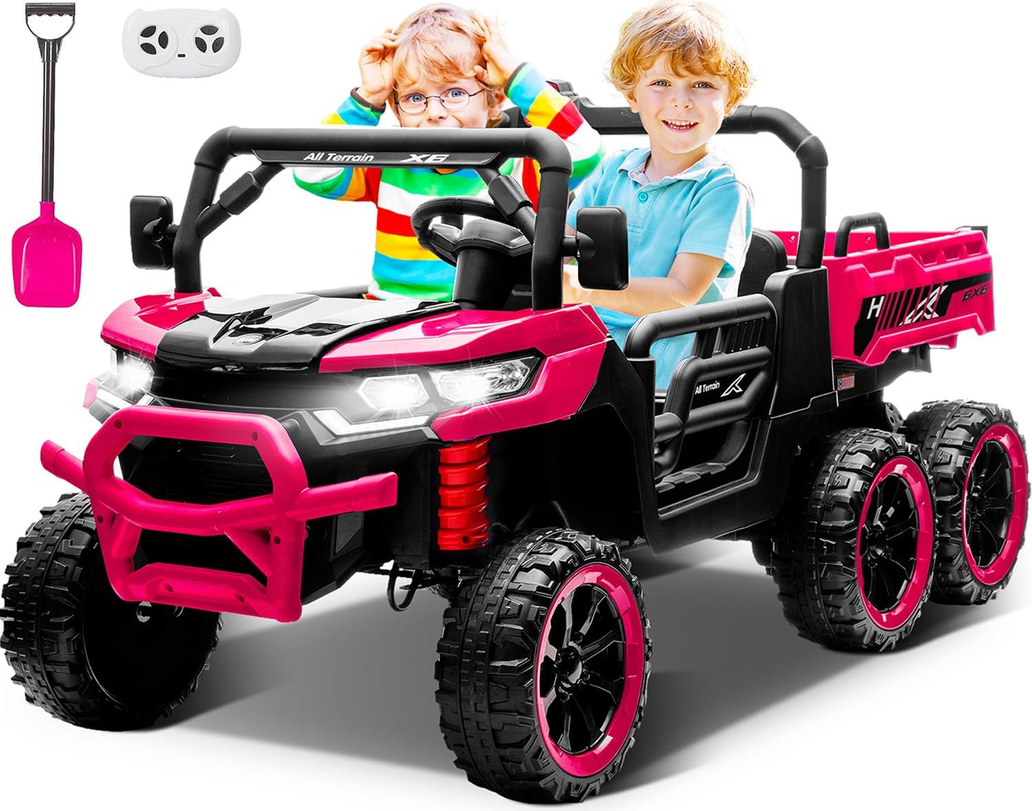 24V 2-Seater Ride on Dump Truck, 4WD 6-Wheel Kids Ride on Car Toys w/Remote Control, Electric Dump Bed, Toy Shovel, LED Lights and Music, 24V Ride on Toys for Big Kids Boys Girls (Pink)
